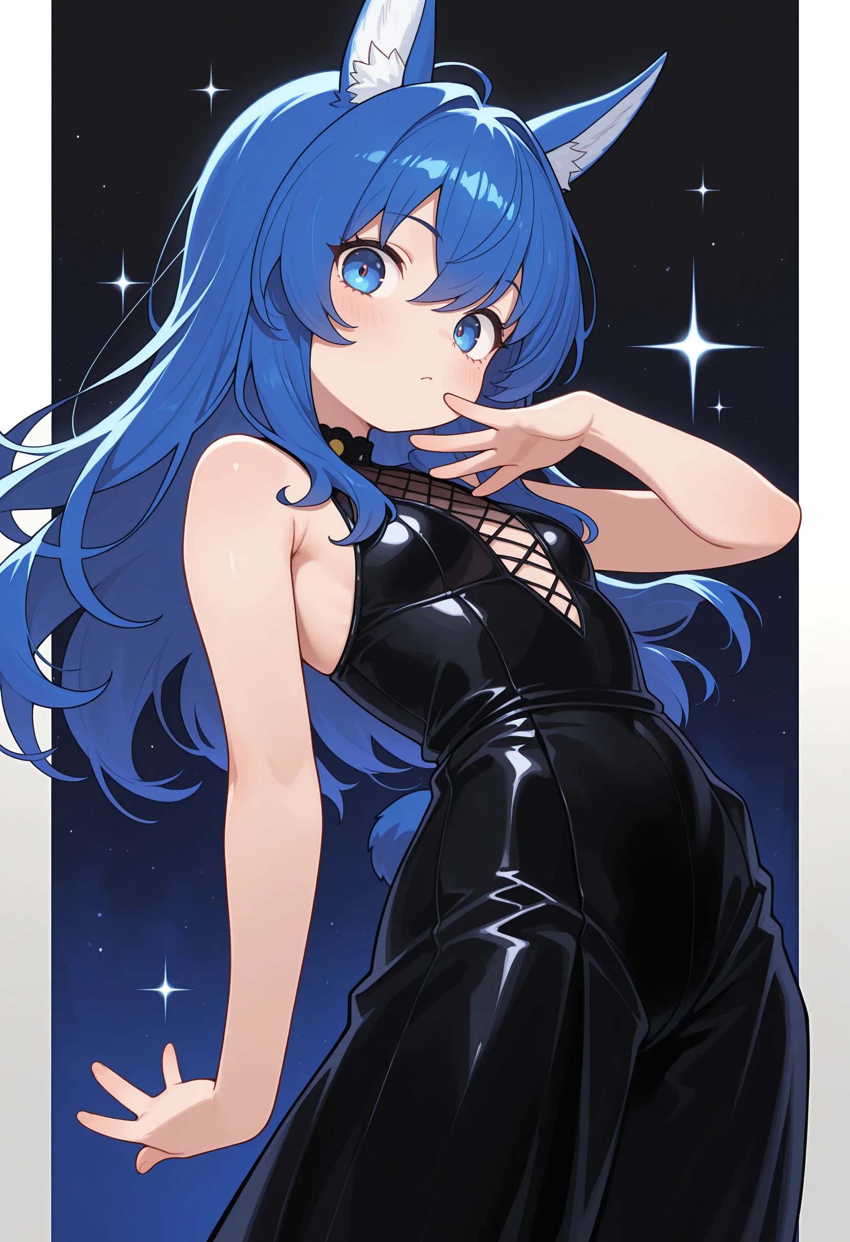 (Highest quality)(1 woman,single,blue sapphire hair,{long hair|Bold side lock|Clearly visible strและs of hair|high ponytail|hair above shoulder|naturally curved|,blue eyes ,black shirt,Turn to look at the viewer,) look behind