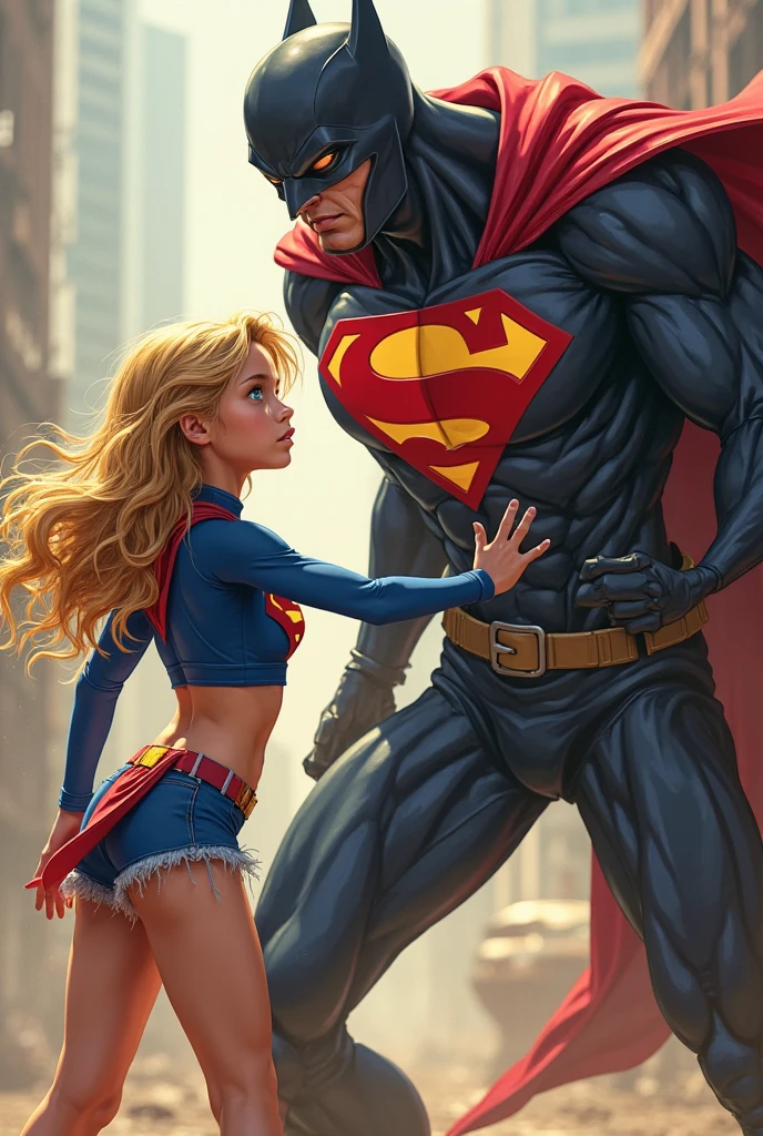Supergirl romantic snuggle on a black strong man as she fall in love with him, a black strong man cuddle Supergirl as if he is protect her, romantic poses, on top of tall roofs
