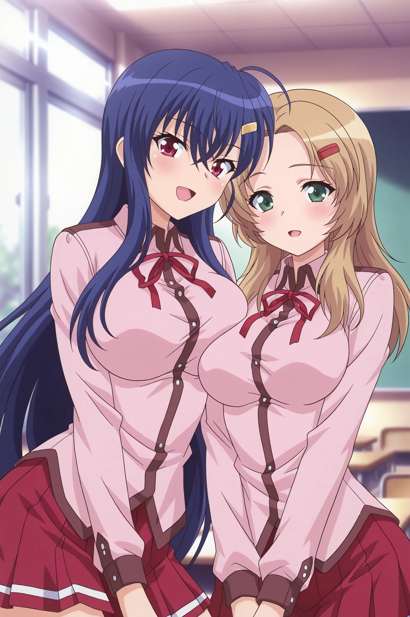 (2 girls) ,(Yukinoshita Yukino white lace panties).(由比ヶ浜結衣 ピンクレースpanties), classroom, ,Shirt only,panties(Yuigahama Yui has big breasts),(Yuigahama Yui opens her mouth),(no skirt),((光沢のあるpanties)),thighs,calf,whole body,*(smile),from the front,