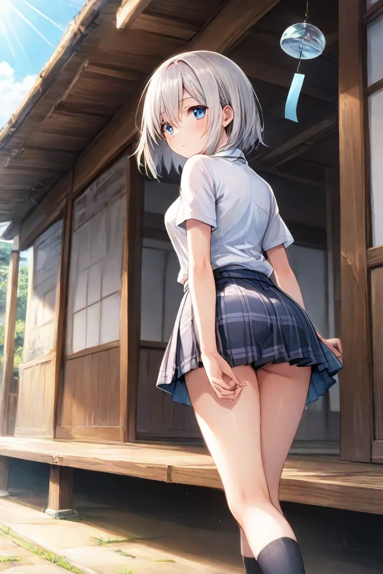 girl, , 12 years, Very , Small butt, White panties are visible from under the skirt, transparent panties