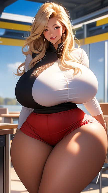 (masterpiece, best quality, ultra-detailed, 8K),(perfect female body, thicc hips),slim,abs,hourglass body shape, (multicolored hair,pink/platinum blonde hair, single braids), sexy goddess, clear athmosphere,nsfw,lewd,(bloody apron), scary smile, blood every where, Huge breasts:1.6, scary scene, amusement park background (dramatic, night time, scenery, ferris wheel, carousel).