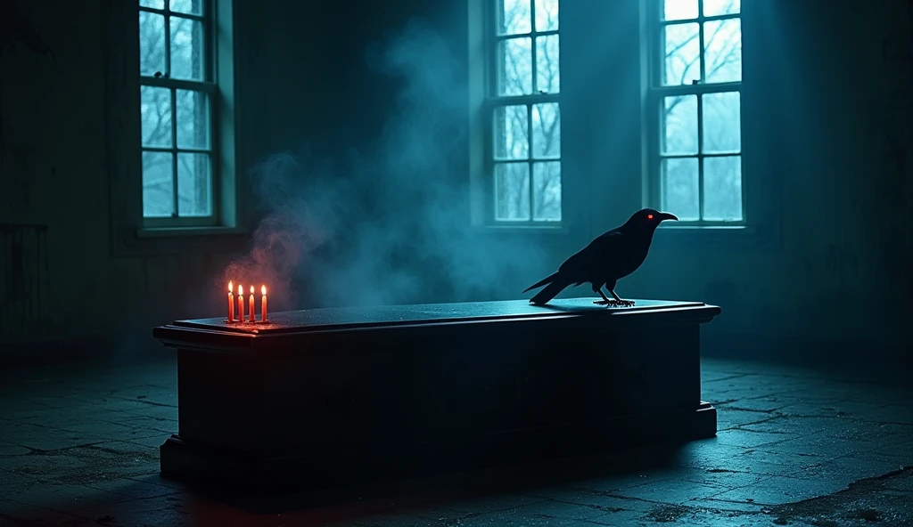 Write me a prompt for A dark scary horror studio for recording scary stories,
In the studio there is an old wooden table in the middle of the studio and there are two scary black birds in the table net to a microphone, the background of the studio are in black and red scary theme , clear window with rain outside