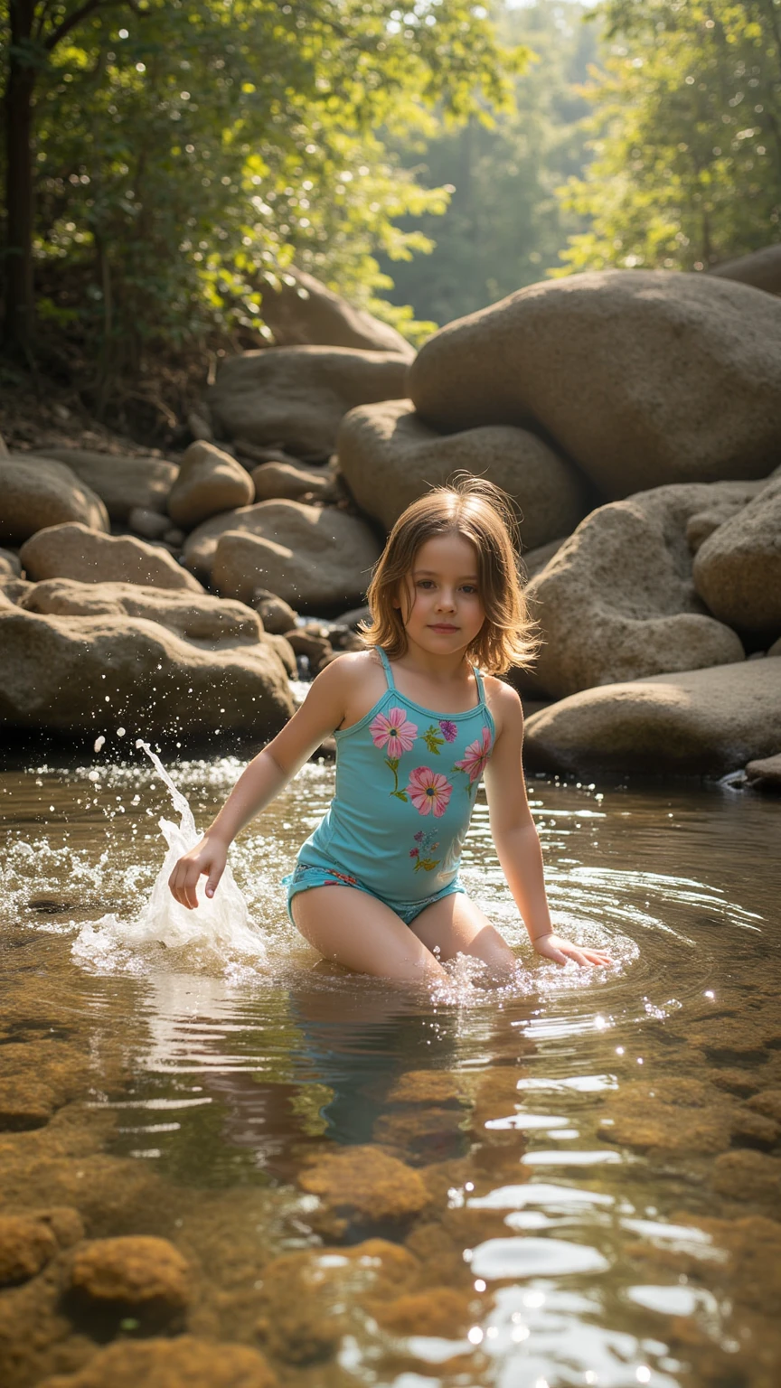 "Create a hyper-realistic, cinematic scene of a majestic waterfall cascading down a rugged, moss-covered cliff into a pristine, crystal-clear pool below. The waterfall is powerful, with water tumbling over jagged rocks, creating a fine mist that glows in the golden hour light, which bathes the entire scene in a warm, ethereal glow. The surrounding area is a lush, dense forest filled with towering trees, their leaves a vibrant green, with beams of sunlight piercing through the thick canopy, casting dramatic shadows and highlights.
In the foreground, captured in stunning detail, a young girl, about eight years old, is playing joyfully in the shallow water at the edge of the pool. She has long, dark hair that’s slightly damp, and she's wearing a simple, white summer dress with a delicate floral pattern. The dress, slightly wet at the hem, flutters gently as she splashes the water with her feet, creating ripples that shimmer under the golden light. Her expression is one of pure delight, her eyes wide with wonder and a broad smile on her face.
Around her, smooth, round stones of various sizes lie scattered along the shore, some partially submerged. The stones and the vibrant wildflowers among them are captured with exquisite detail, adding rich texture and color to the scene. In the background, the forest continues, with hints of other natural wonders hidden among the trees, all depicted with cinematic depth of field, emphasizing the girl while gently blurring the background.