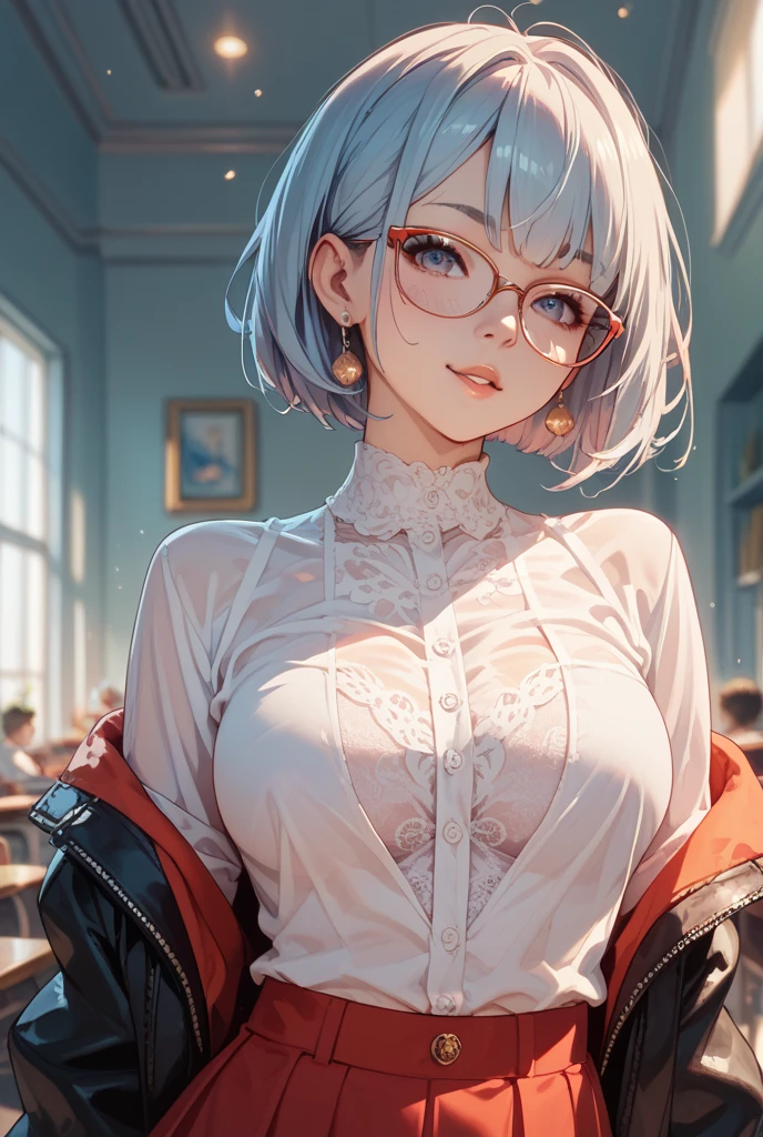 ((Sketch)), ((Watercolor)),((best quality)) ((best quality)), ((masterpiece)), (detailed), HD, Highly Detailed, 4k image, anime style, beautiful young girl, tanned white skin, waist-length silver-red colored hair wirh red highlights at the edges, soft facial features, heterochromatic eyes(left eye: silver)(right eye: red), gothic sundress, cherry red plump lips, large E-cup breasts, short height(150cm). wide hips and large round ass, silver round-frame glasses