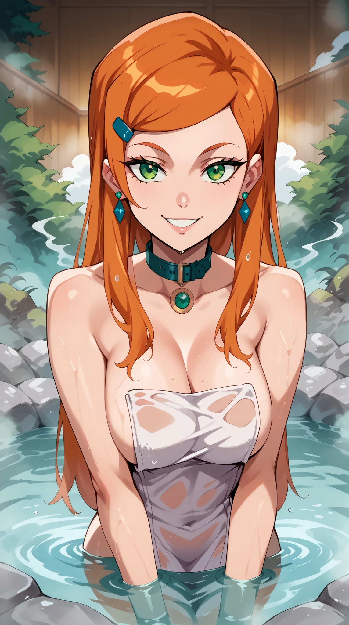 masterpiece, best quality, extremely detailed, 1girl, (milf, motherly), solo, (colored skin, blue skin:2), nakano_yotsuba, (huge breasts:1.18), ((((orange hair), long hair, blue eyes, pointy ears))), red lips, (((hair ribbon, bikini, animal print bikini, panties))), ((light smile), closed mouth), ((balcony, beach))