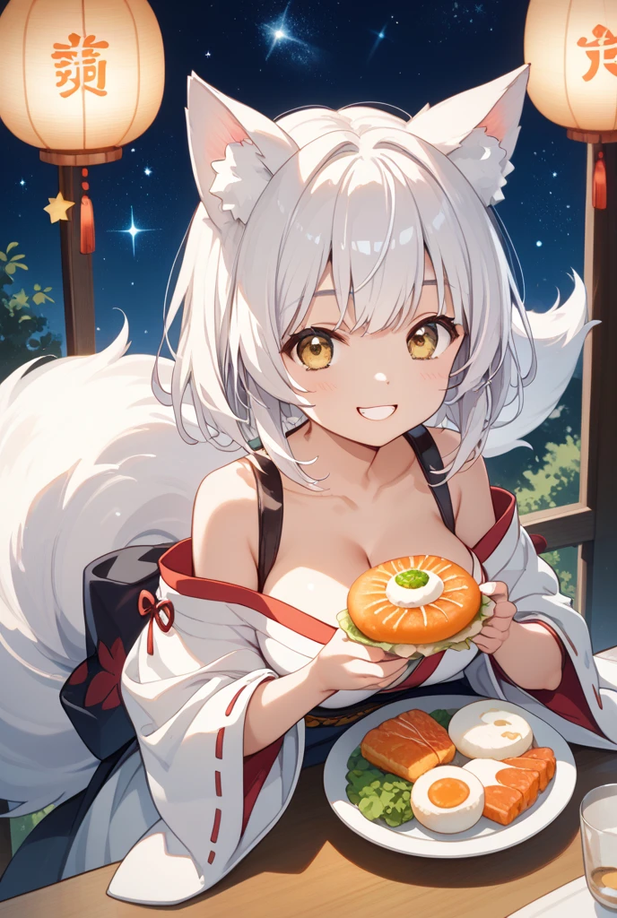 (masterpiece,best quality,very aesthetic),(disheveled hair)(ultra-detailed),high saturation,1girl,18yo,solo,curvy,short stature,a platinum blonde fox tail,large breasts,(platinum blonde fox ears),short hair,platinum blonde hair,beautiful face,(messy hair),(disheveled hair),hair intakes,(fusion of gray kimono and leotard:1.2),haori,enjoyable,smirk,drunk,brown foxy eyes,BREAK,Japanese-style pub,green bitter gourd salad on dish,standing,table,drinking japanese sake,cowboy shot