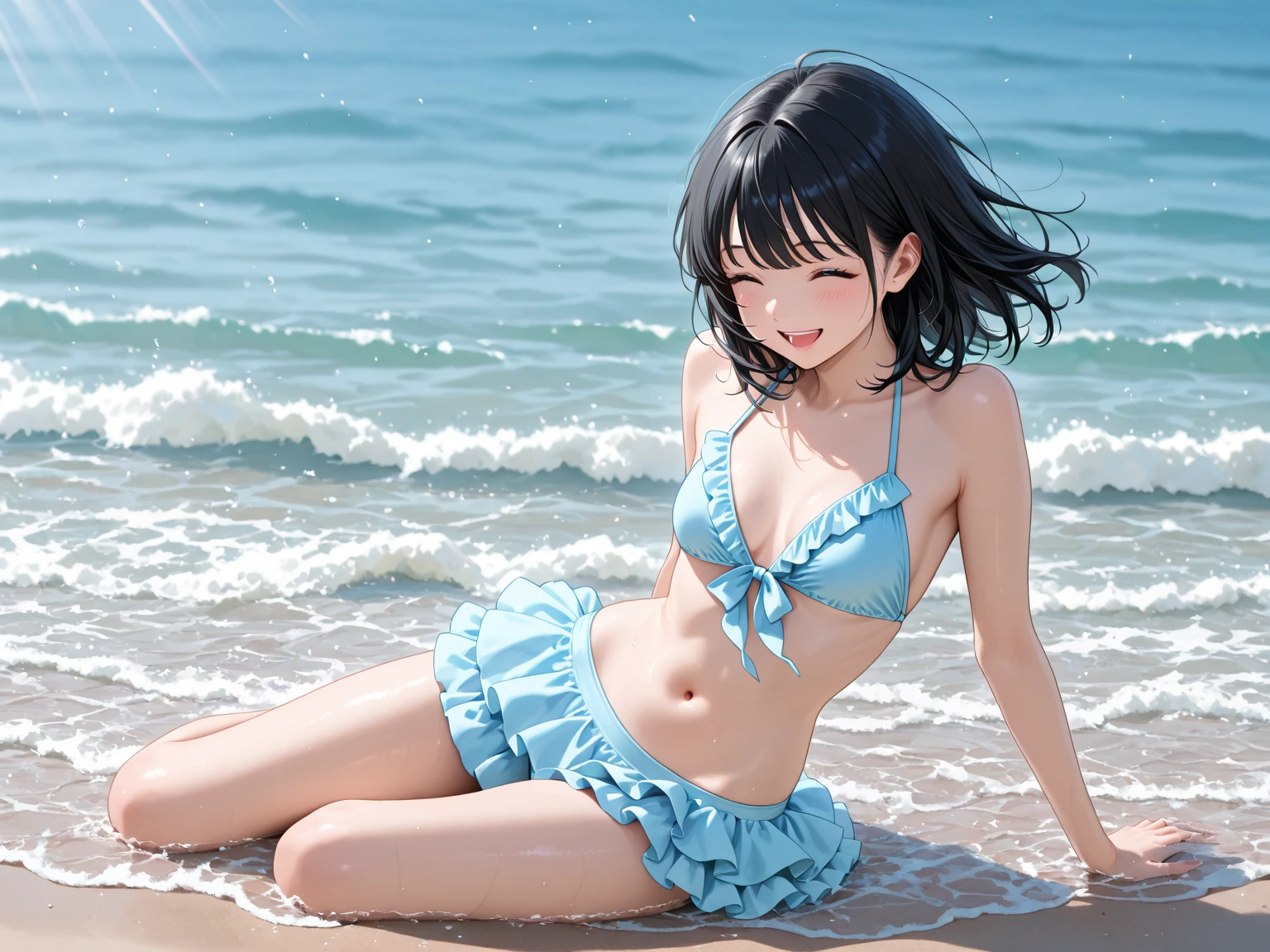 masterpiece, great quality, ultra detail, illustration, game cg, 1girl, solo, (FGOErice), blush, (very frilly bikini with microskirt), (upset), (quicksand:1.3), beach