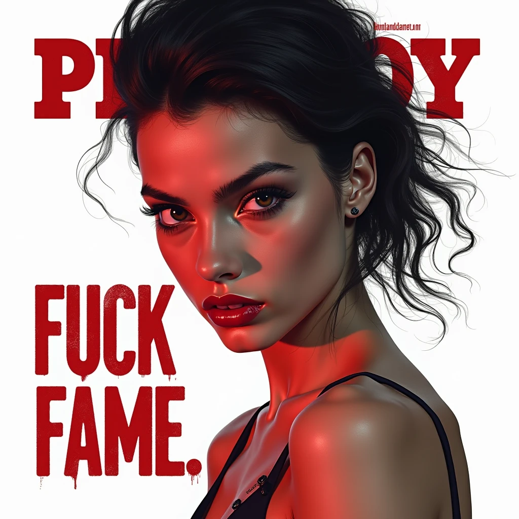 Sports magazine cover, young woman, 18yo, provocative position, medium breast, perfect body, narrow waist, wide hips, thigh gap, exposed vagina, nude:1.4, dynamic pose