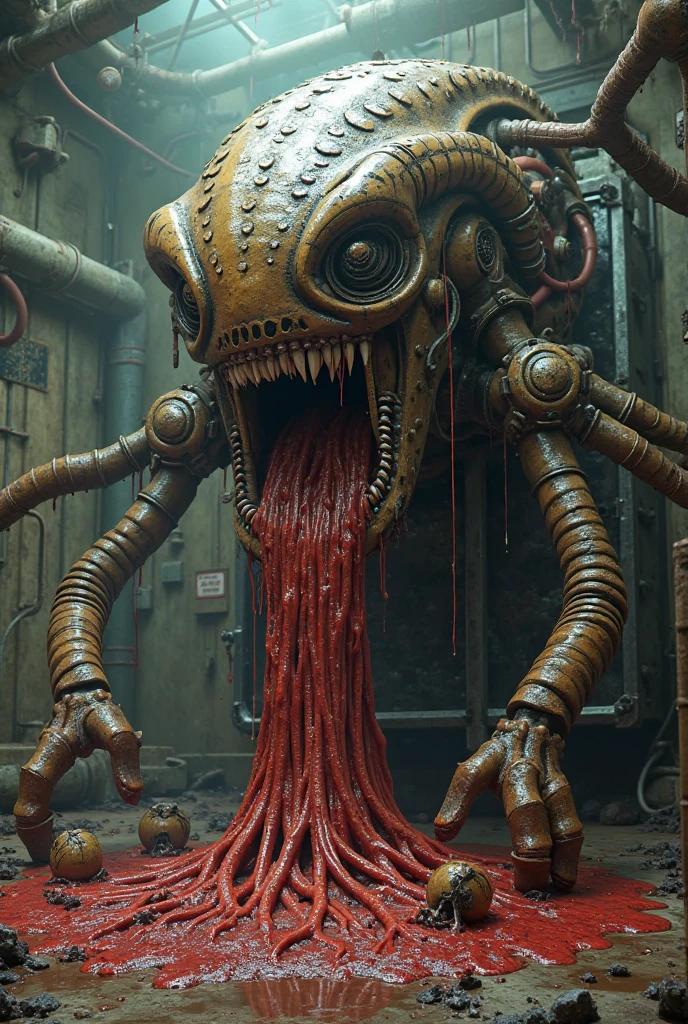 manga style portrait of a scared futuristic robot made of meatballs, cartoon tubes slicked by hot also spaghetti;} see me right from what I look just see me eating delicious delicious god++ house made of spaghetti, sloppy, wide angle; scientific, artstation, concept art, gorgeous detailed face, action, cinematic, screaming; meat