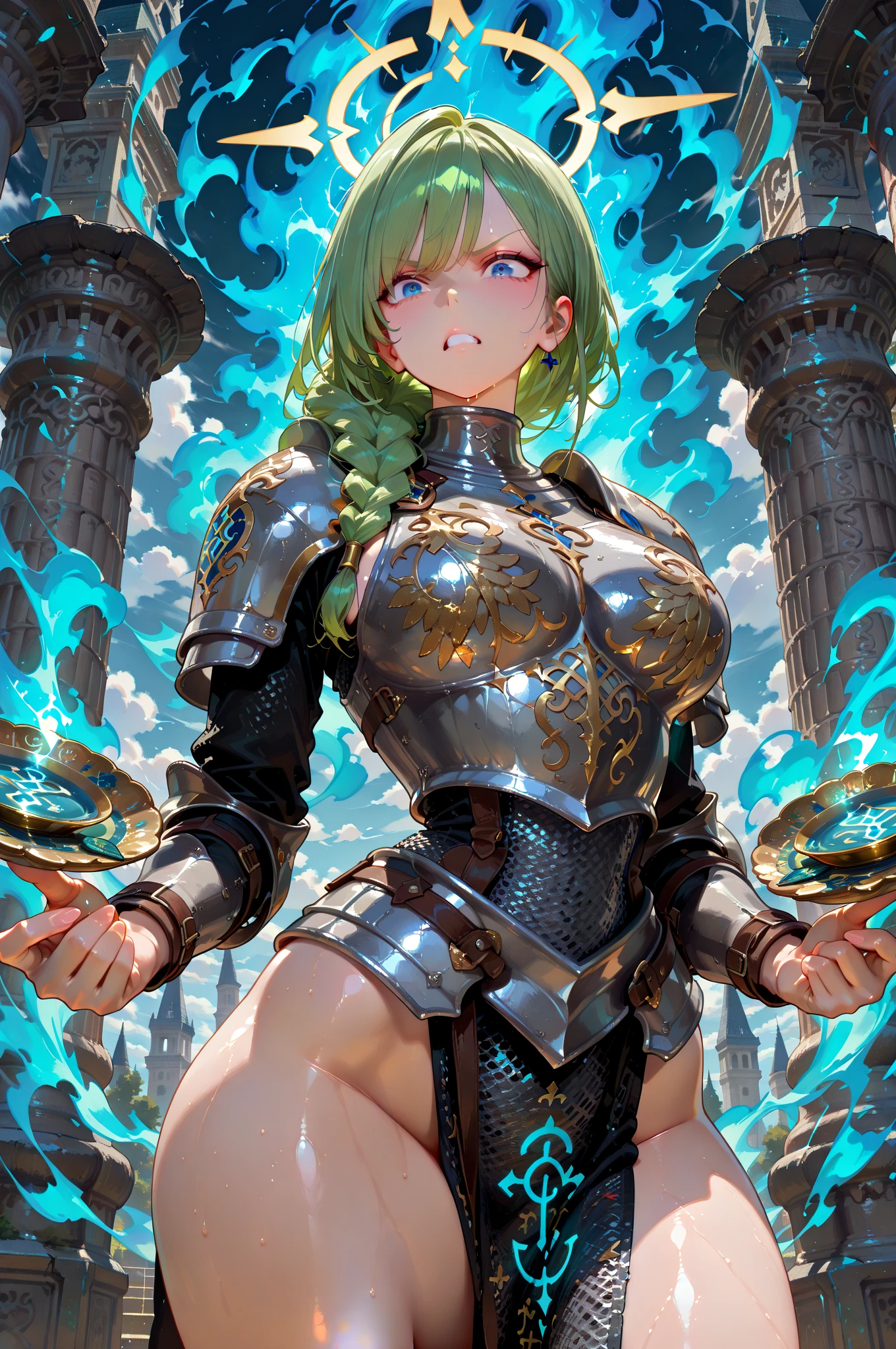 Copper bikini armor, copper crown, bare belly, big breasts, green hair, red eyes, bikini armor, copper, copper automaton, technology