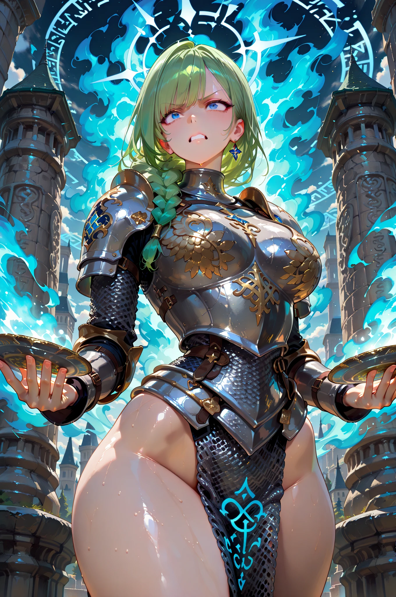 skimpy armor, lactating, peeing