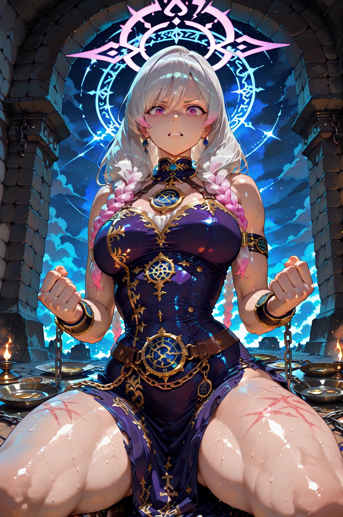 ((Benevolent ((dark-skinned Haitian)) ((goth)) high-end lawyer)) with ((long braided (grey) hair)) sitting in an expensive office chair (while reading a large tome at her desk), geometric tattoos on arms and legs, (wearing sexy arousing professional attire with golden bracelets and thigh high stockings), plump thighs, (sitting next to window at desk of lawyer's office during golden hour with views of Sakura forest background), (visible stretch marks and cellulite)