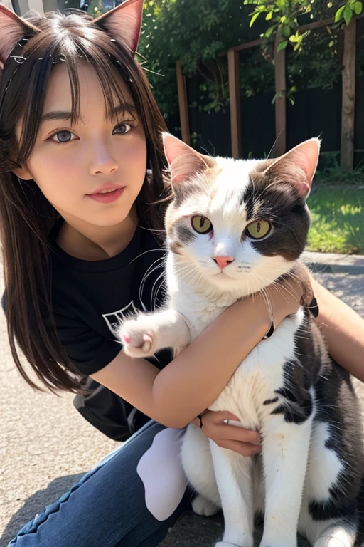 there is a woman holding a cat in her arms, big cheeks holding her cat, there is a cat next to her, Holding a cat, with small cat on lap, very beautiful cute catgirl, chiho, she is holding a cat in her arms, lovingly looking at camera, shikamimi, Yoshitomo Nara Jack Ma Huateng Ma --auto