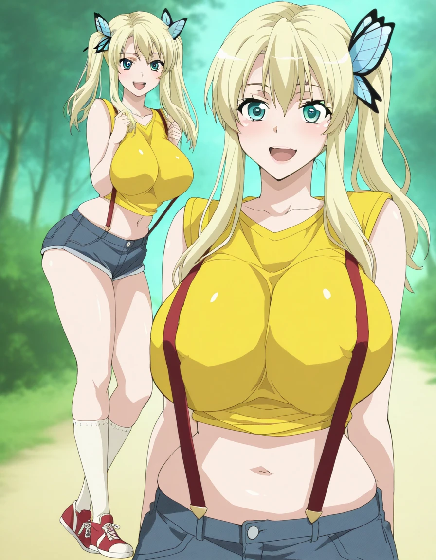 2heads, a short fat woman with 2 heads. She has enormous breasts. She is wearing a bikini top. She is wearing leggings. She is outside in a grassy park on a sunny day. She has gigantic breasts. She has muscular arms. She has very long blonde hair in a bun. She is smiling. She has big defined lips. She has mature breasts. She has thick thighs. She has a toned stomach. She has massive fat breasts.