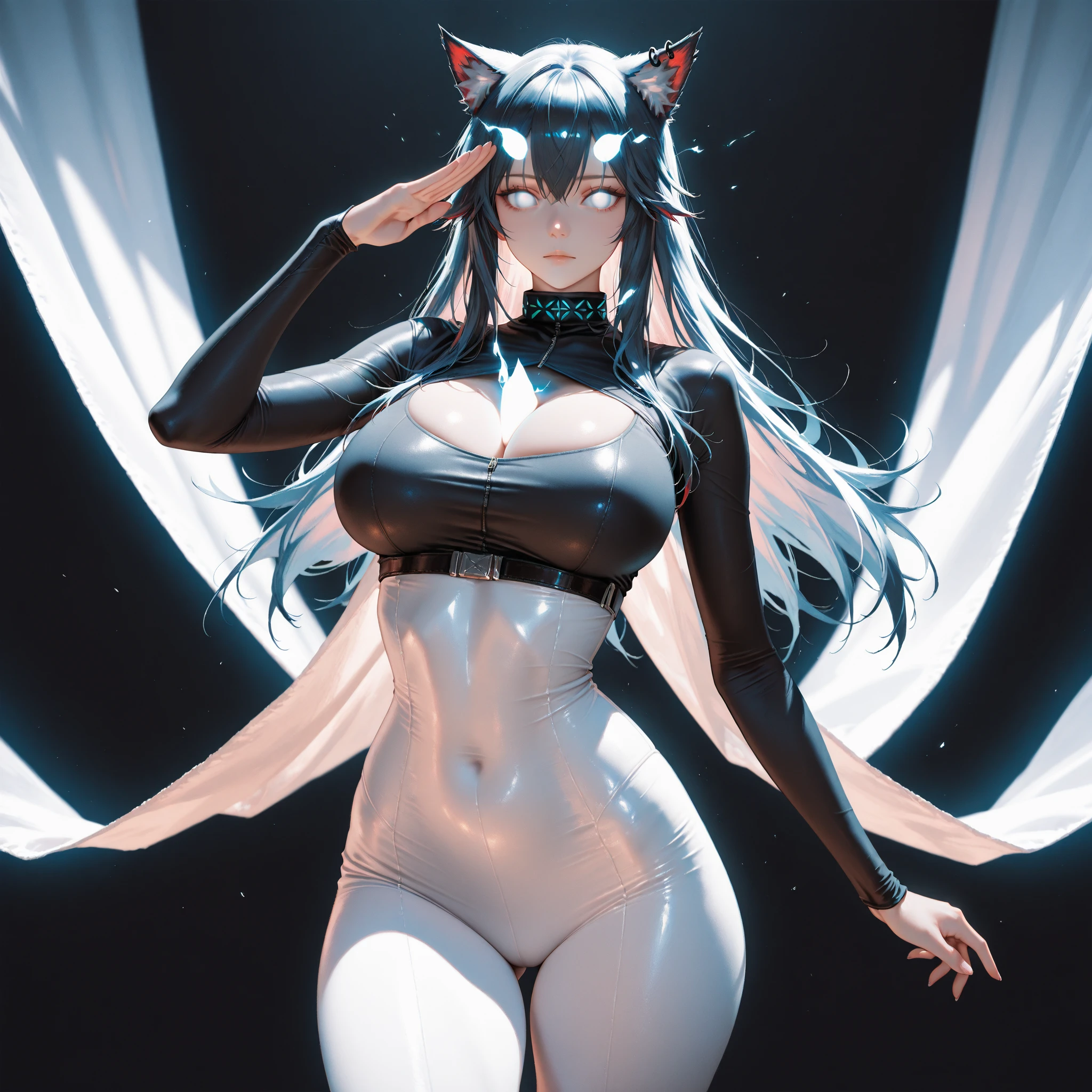 (((woman alone))),(((cat ear))),(((Long Black Hair))),(((dark skin))),(((green eyes))),(((body with slight curves))),(((thin waist and medium breasts))),(((wearing a nice outfit))),(((Alone)))