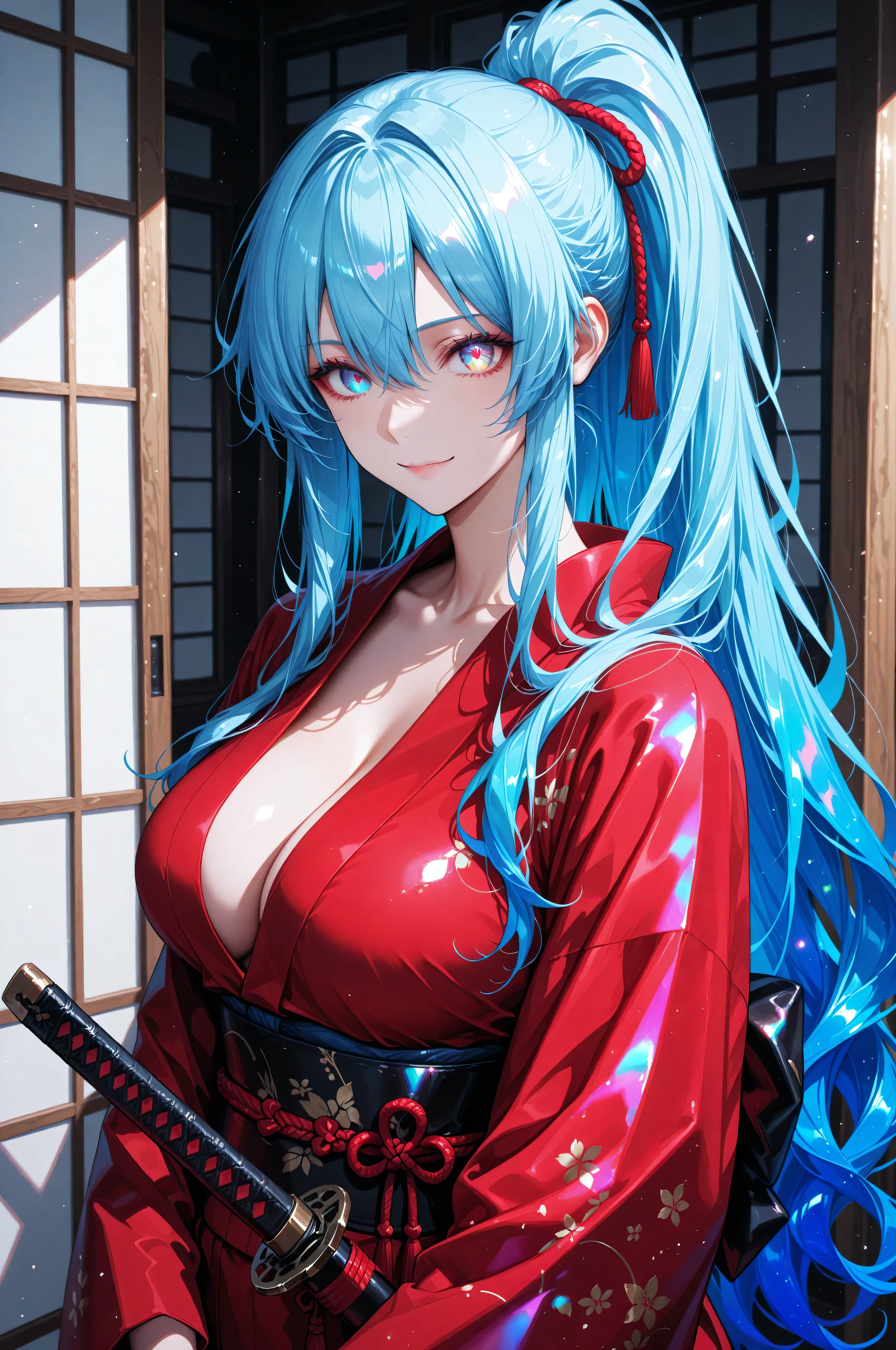 8K、top-quality、An ultra-high picture quality、ultra-detailliert、Ultra-realistic flesh feeling、full bodyesbian、A sexy、花魁、Beautuful Women、red and white、Kimono with visible collarbone、Long blue hair、kiseru、Blue eyes、shinny skin、Very gigantic-breasts、ample breasts、extremely big ass、shinny skin 、The background is a night playground --auto --s2