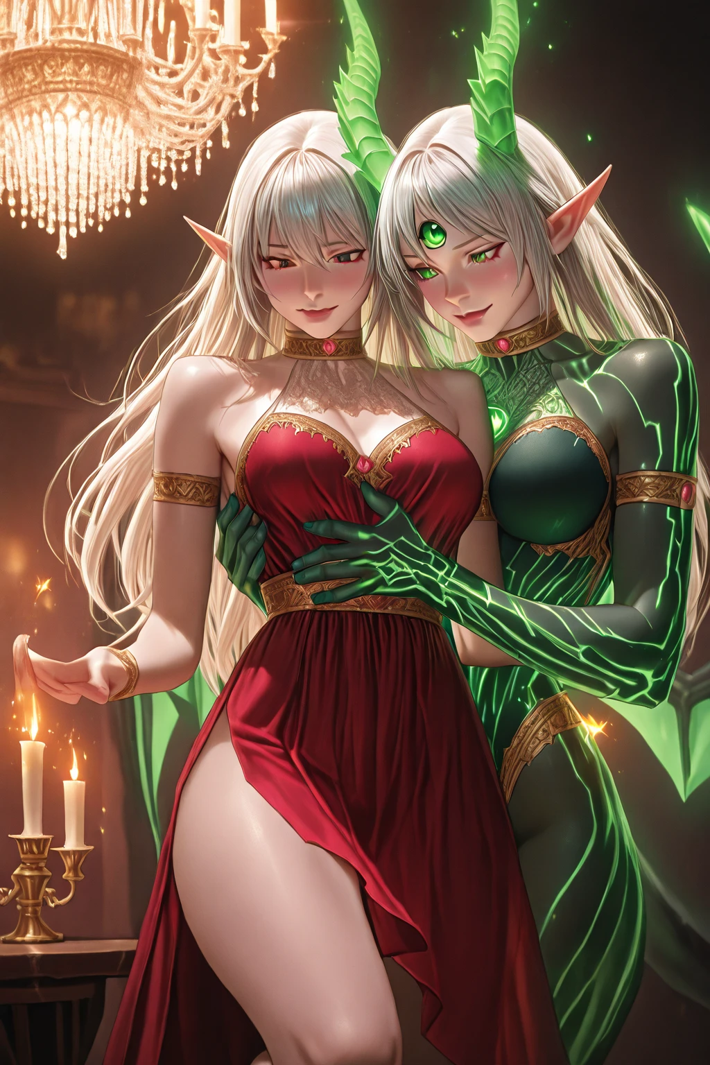 mature woman,elf woman, full body standing painting, sweetheart, solo, pale-skinned, (Fox earquisite eye details, detail in face, Green-eyed, Red Eyeshadow, lips in red, black magic dress, awas, pervert smirk, tmasterpiece, high high quality, minimum, Tiny,