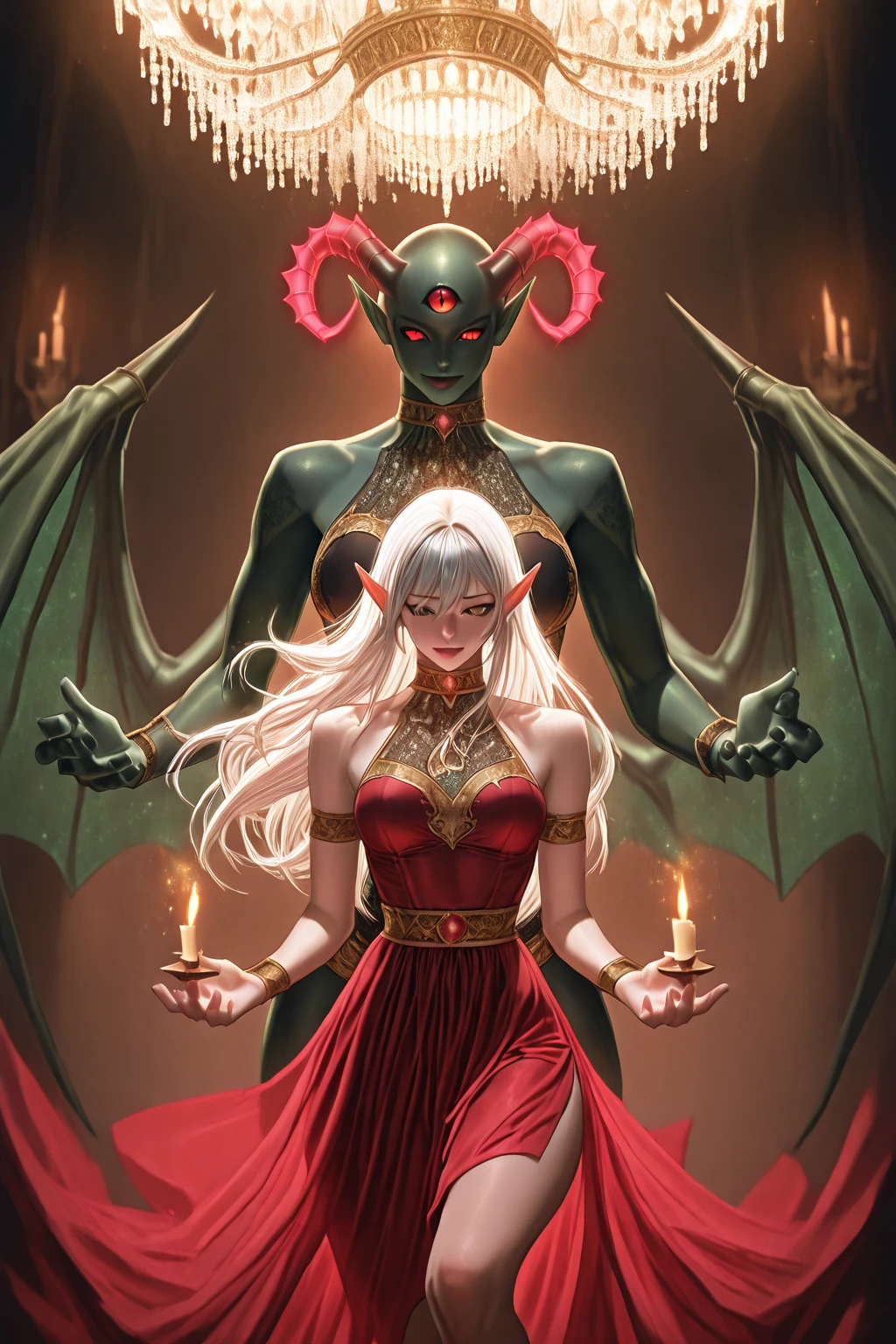 a devilish woman with long black hair, pale skin, piercing red eyes, wearing an intricate elf-like costume, in a dark and mysterious fantasy setting, detailed facial features, dramatic lighting, cinematic composition, muted color palette, chiaroscuro lighting, surreal atmosphere, dark fantasy art, digital painting, 8k, highly detailed, photorealistic
