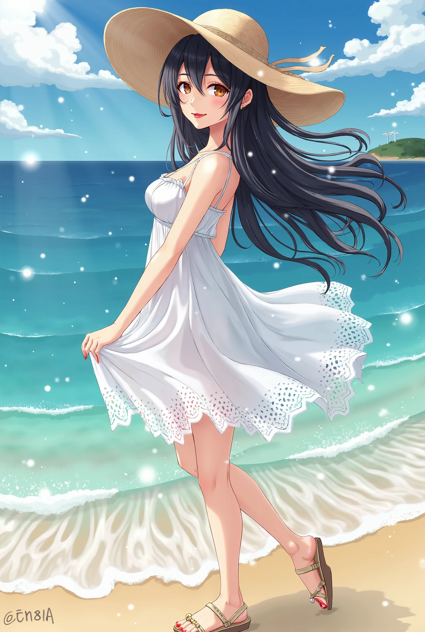 ((masterpiece, Highest quality, High resolution, 超High resolution, Pixel perfect, Written boundary depth, 4K, RTTX 10.0, High resolution))), 1 girl, single, alone, Beautiful Anime Girls, Beautiful art style, Anime characters, ((Shortcuts, bangs, Dark brown hair)), ((Green Eyes:1.4, Round eyes, Beautiful eyelashes, current eyes)), ((Smooth texture:0.75, Anime CG style)), ((Dynamic Angle, close)), Perfect body, (pretty girl), Normal chest, whole body, ((4K, 8k, Highest quality, Perfect Fingers: 1.3, Perfect Anatomy: 1.3, Background Blur)), whole bodyアングル, Please draw a stylish girl in summer clothes., She was wearing a light sundress and sandals, wearing a wide-brimmed hat, In the background is a beach with clear skies and gentle waves., Express a relaxed summer vibe
