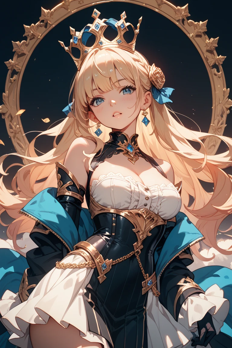 (gradient hair), blond hair, hair over shoulder, wet hair, crown, eyeball, earrings, jitome, anime, anime style, UHD, ((textured skin, masterpiece, 8k)),  Roman Empire, Empress, hand holding a staff, throne room, dress embroidered with gold and silver, jeweled ring, green sapphire necklace, perfect face, detailed eyes