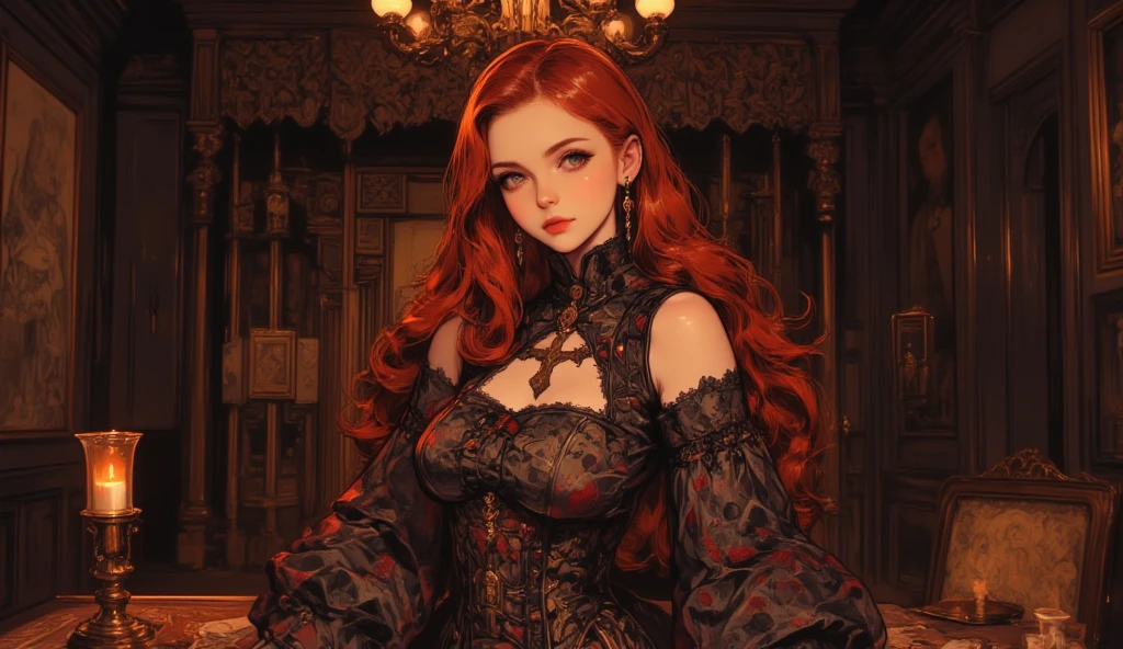 white-skinned woman with wavy red hair, wearing a bodycon black dress and high-heeled shoes. pin up style