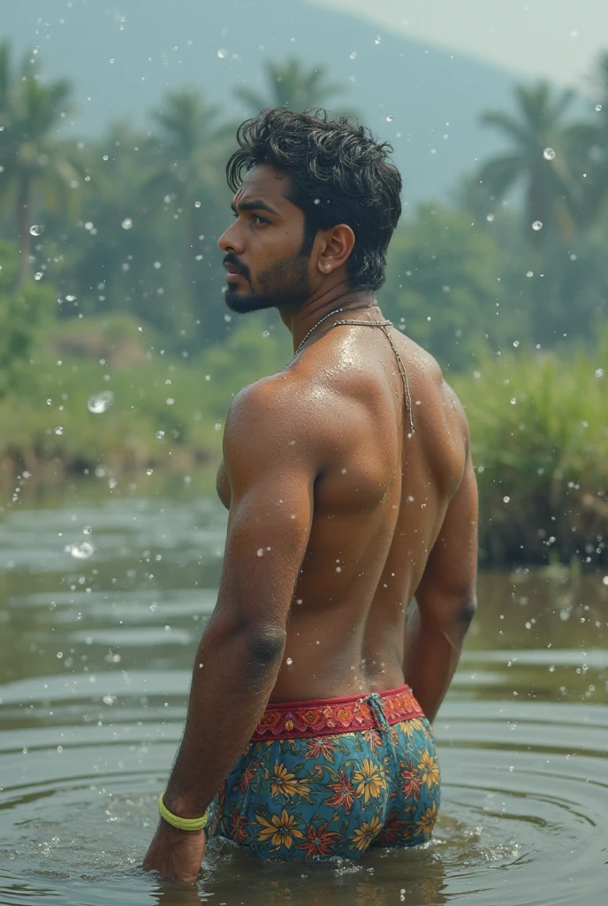 A sexy indian man wearing a tank top, penis,homoerotic, messy hair, detailed face and eyes, head to thighs on focus , in mud pit, (handsome face ),nsfw, serious expression , angry expression ,