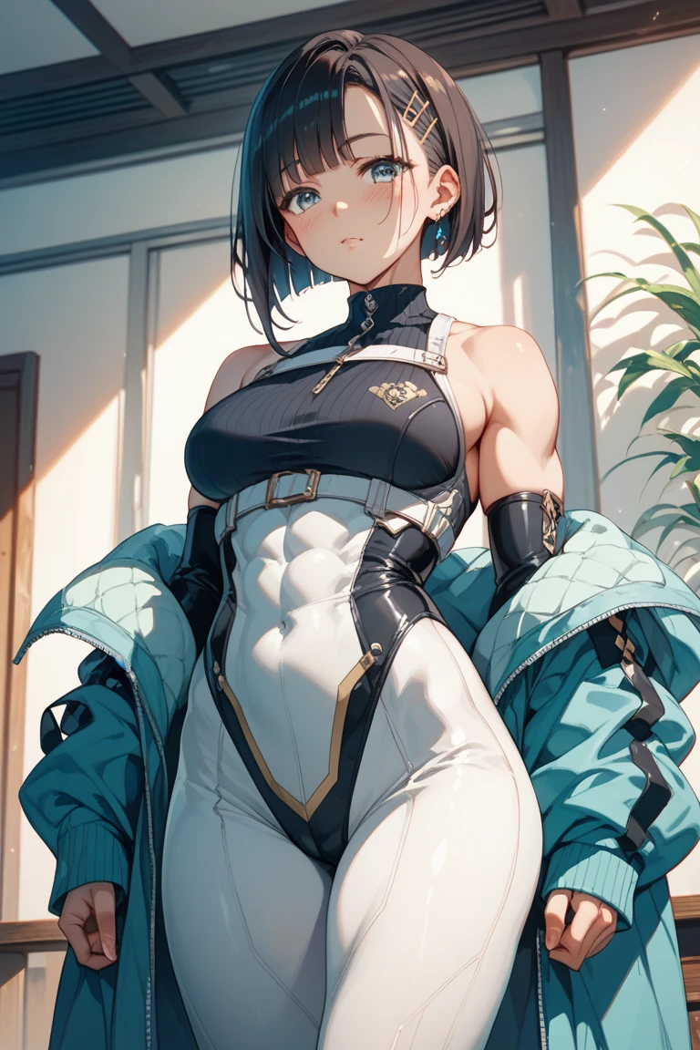 solo, masterpiece, best quality, agrias, grey sweater, black leotard, standing, looking at viewer, short hair,oculos,evil smile, evil look,chun li,luvas preta,roupa azul,yandere rosto,low lighting,coxa sarada copo detalhado,olhando para frente