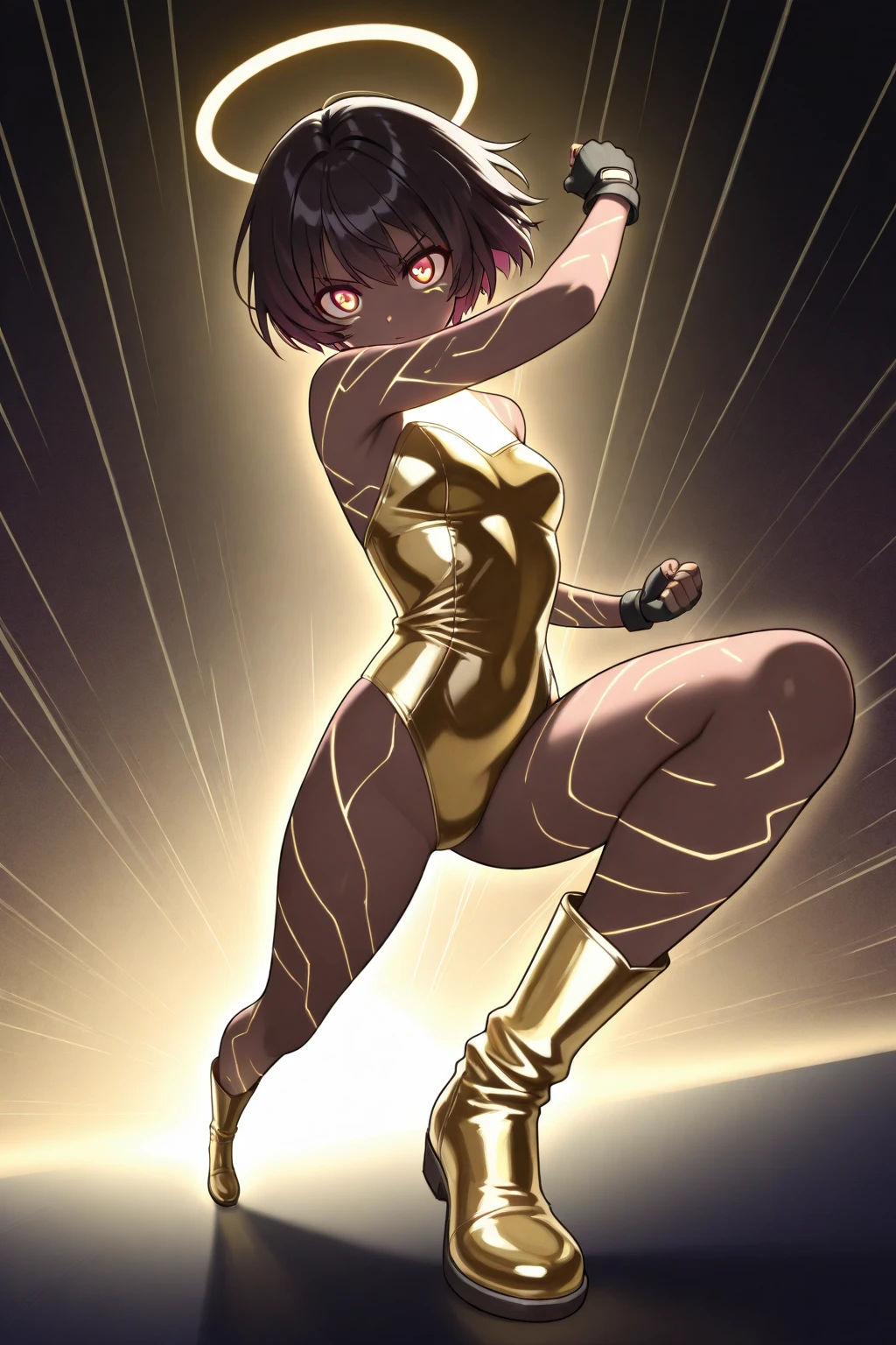 Rui Kisugi. （luster）（shiny）black latex leotard. Ahegao. camel toe:1.4、erect nipples､(Sweat)、(vapor)､(((long gloves:1.3)))、brown loafers、black calf length socks、Open your thighs wide to the left and right､squatting、Squat on the ground、show off your crotch to the viewer, ((enamel bondage:1.3、squat, spread your legs:1.3, arm behind head ))、12 years old、absurd、flat lighting、elevation angle、sexy pose、highest quality、Complex、surreal、perspective, very detailed, detailed background, shape、1 girl、alone、big breasts、light smile, embarrassing, blush, ((mechanical background)), 
