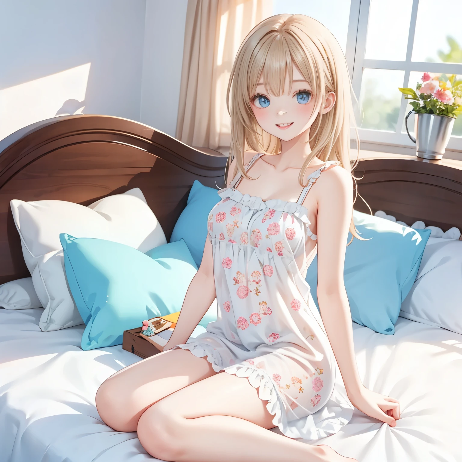 1 lady, 20 years old,whole body, big smile, flower pattern nightgown, white frills,,my elegant bed,sitting on the bed,8k,masterpiece,