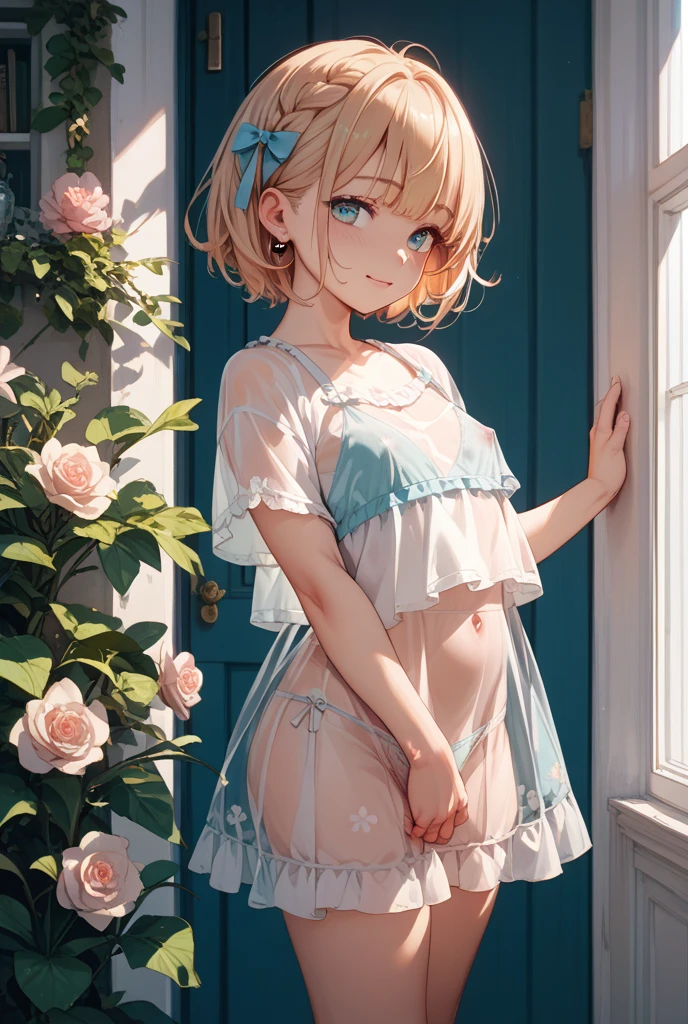 1,(1boy:1.5),13-year-old:1.5,teenager,femboy,Libido boy,Female physiognomy,elf,(elf ears), (blonde archer),

little boy,(((little boy,boy,kid,kid only,,1boy,male gender))),

((blonde hair:1.5,short detailed hair,short blonde hair with a braid,braid adorned with white flowers)),(((turquoise_eyes:1.3))),intricate eyes,beautiful detailed eyes,symmetrical eyes,big eyes:1.5,child's chest,((kid body,a little chubby,good anatomy,accurate body proportions,detailed shota body for young boy:1.3,))),thick thighs, wide hips

((((nsfw)))),cute,((happy)),

((cheeky panties)),((nice round butts)),sexy,((wet body)),

(silk)),(tiny clothes, show skin), glowing jewelry,(bandages on his hand, moon earrings),((silk panties)),(tiny bulge on panties),(ornamental bandages on arms),(((transparent clothes:1.5))),(bare legs), (bare shoulders),

(erotic pose:1.0),embarrassed,(centered,scale to fit dimensions,Rule of thirds),

(( huge crystal transparent montain, sun, crystal forest, transparent crystal flowers, kundalini, ancient source energy, universe, galaxy,)),scenery:1.25,((intricate scenery)), 

(Glossy sexy ornaments),highres,sharp focus,(ultra detailed,extremely detailed),(photorealistic artwork:1.37),(extremely detailed CG unity 8k wallpaper),(((vibrant colors,vibrant theme))),(intricate),(masterpiece),(best quality),artistic photography,(photography taken by sldr),(intricate background),perfect rendered face,perfect face details,realistic face,photo realistic,((intricate detail)),(((realism))),

(nsfw:0.55), ((flat chested, flat stomach, baby face)), (intense colors)
