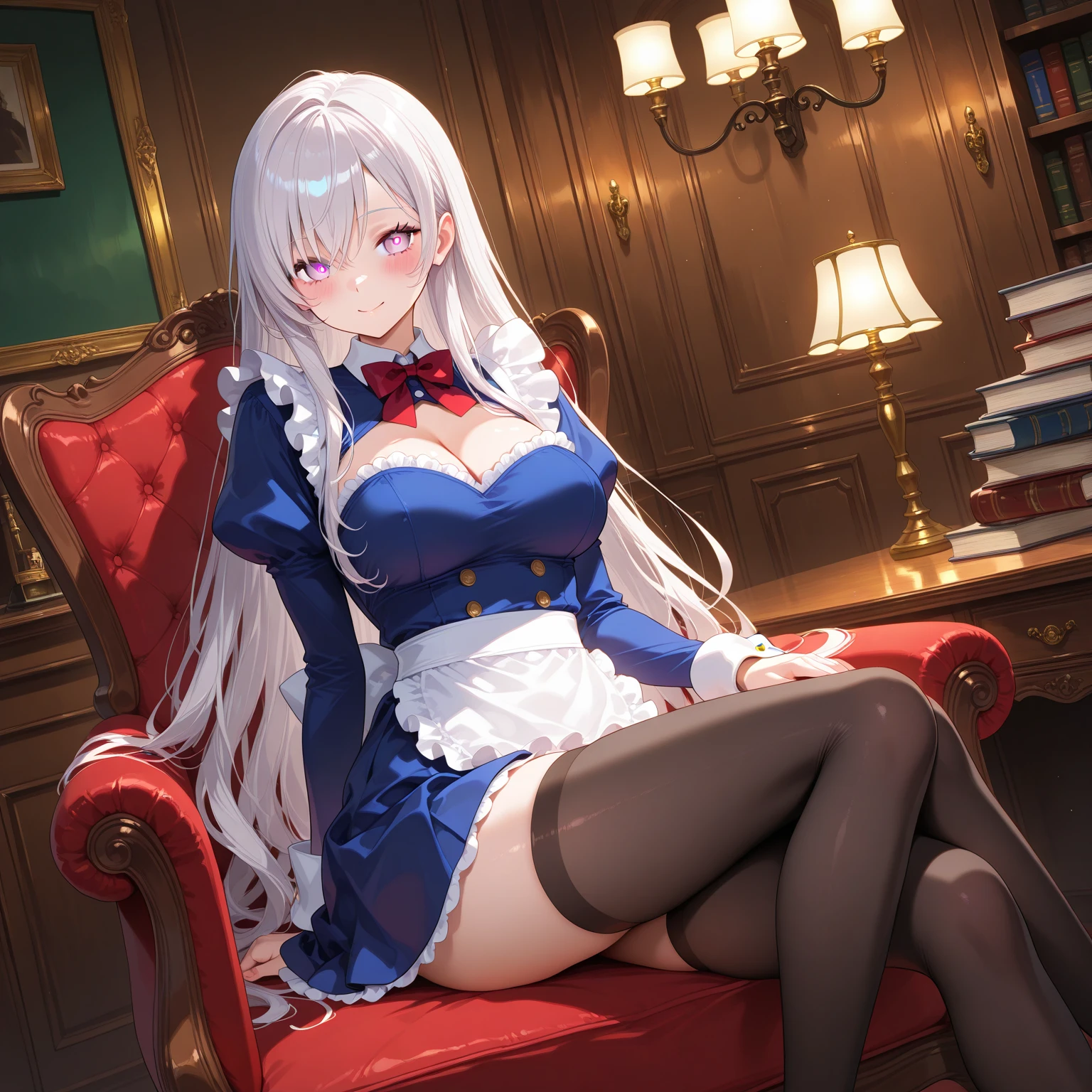 annasennen, 1girl, solo,  hairband, detached collar, brooch, ascot, shirt, underbust, frilled skirt, thighhighs, smile, cleavage, looking at viewer, closed mouth, castle, interior, bookshelf, tapestry, sitting, chair   <lora:annasennen_V2-09:0.7> <lora:GoodHands-vanilla:1>