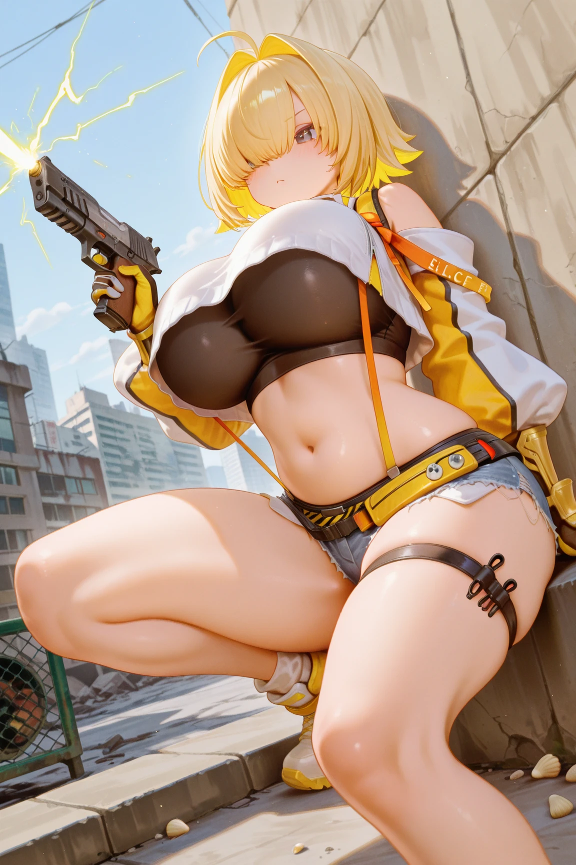 ((best quality)), ((masterpiece)), (detailed), 1girl, 8k_wallpaper, extremely detailed eyes, (large masterpiece digital art), (intricate details:1.3 ), (ultra-detailed:1.3), (sharp focus:1.3), (natural lighting:1.05), (vivid colors:1.3), (best quality:1.4), high quality, expressive cold cruel eyes, full body, detailed face with cold cruel features, ((blonde hair)), (gold eyes), {{dark skin}}, ({dark skinned female}), big breasts, huge chest, outlines of nipples under clothing, powerful strong and prominent muscles of the abdomen and legs, powerful arm muscles, a hard serious look, a predatory half-smile, she is wearing an open blue coat with gold shoulder straps with rolled up sleeves, a red tight shirt, short denim mini shorts, short Victorian style boots, she sits on a white armchair in the middle of a wide open veranda with modern Chinese furniture and interior against the background of a view of the night city, in the style of cyberpunk and fantasy,