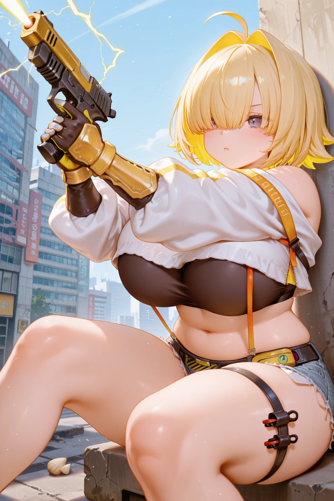 ((best quality)), ((masterpiece)), (detailed), 1girl, 8k_wallpaper, extremely detailed eyes, extremely detailed body, (large masterpiece digital art), ((perfect anatomy huge chest)), (intricate details:1.3 ), (ultra-detailed:1.3), (sharp focus:1.3), (natural lighting:1.05), (best quality:1.4), high quality, expressive eyes, full body, tall girl, detailed face, beautiful face, perfect face, detailed ((blonde hair)), (gold eyes), ({dark skinned female}), gigantic breasts, thick thighs, strong arm and leg muscles, strong abdominal muscles, {{the whole body is covered with yakuza tattoos}}, ((yakuza tattoo model Yerin)), Korean women, wearing a modern short black cloth jacket with rolled up sleeves, (wearing heavy gold colored steel armor), a wide red leather belt with blue steel yarn, steel boots, steel thigh guards, a walkie-talkie attached to his belt, a hiking backpack on his back, riding a motorcycle through Seoul at night, cyberpunk,
