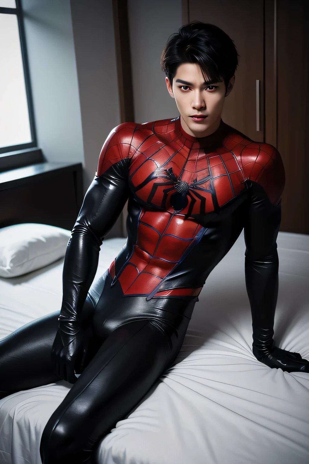 RAW,1boy, (A charming 18-year-old Chinese boy: 1.5), (no mask, showing face: 1.2), (no top, abs: 2) handsome, (kneeling, legs apart, hands crossed at waist: 2), masterpiece, super fine photo, best quality, looking at the lens, super high resolution, photorealistic realism, sunny handsome, full body portrait, delicate face, vibrant eyes, he is wearing a futuristic steel man Spider-Man costume, very detailed background, detailed face, detailed complex busy background, highly detailed skin, realistic skin details, visible pores, sharp focus, volumetric fog, 8k UHD, DSLR, high quality, film grain, photo realism, wheat-colored skin, (lower body bulge: 1.5), perfect body proportions, panorama, figure facing forward, no side photo, focus on hands, hand optimization, focus hands, cute, (abs: 1.3), muscular chest, muscular limbs, pronounced muscle lines, delicate facial features, (High detail skin: 1.2), masterpiece gay young naked boy, tired and handsome facial features, rainy weather, soaked skin, charming, tight waist, buttocks, bare chest, big pectoral muscles, wheat-colored skin, movie texture, fine picture