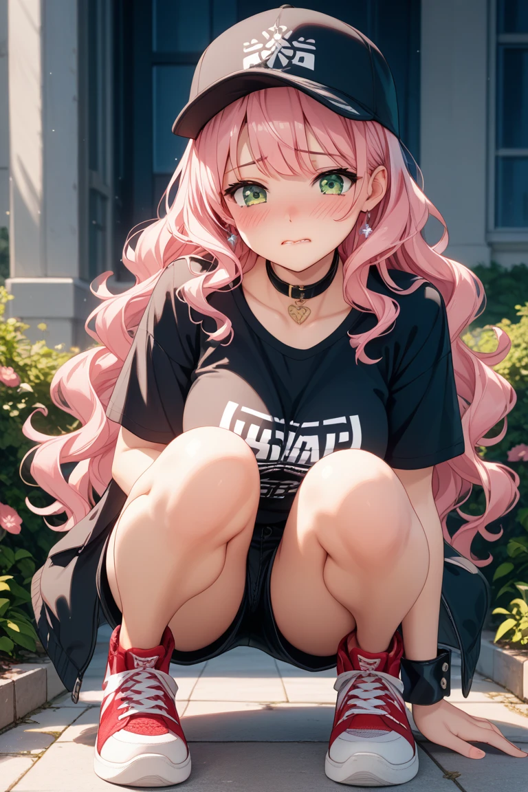 One girl, Shikimori-san, Pink Hair, Long Hair, blue eyes, Hair between the eyes, bangs, blush, compensate, smile, chest, Black sweater, Bare shoulders, No sleeve, skirt, View your viewers,Bare Belly,Secretly showing off her bra,Sit with your feet together,masterpiece, Highest quality,nsfw,Alley,???????,
