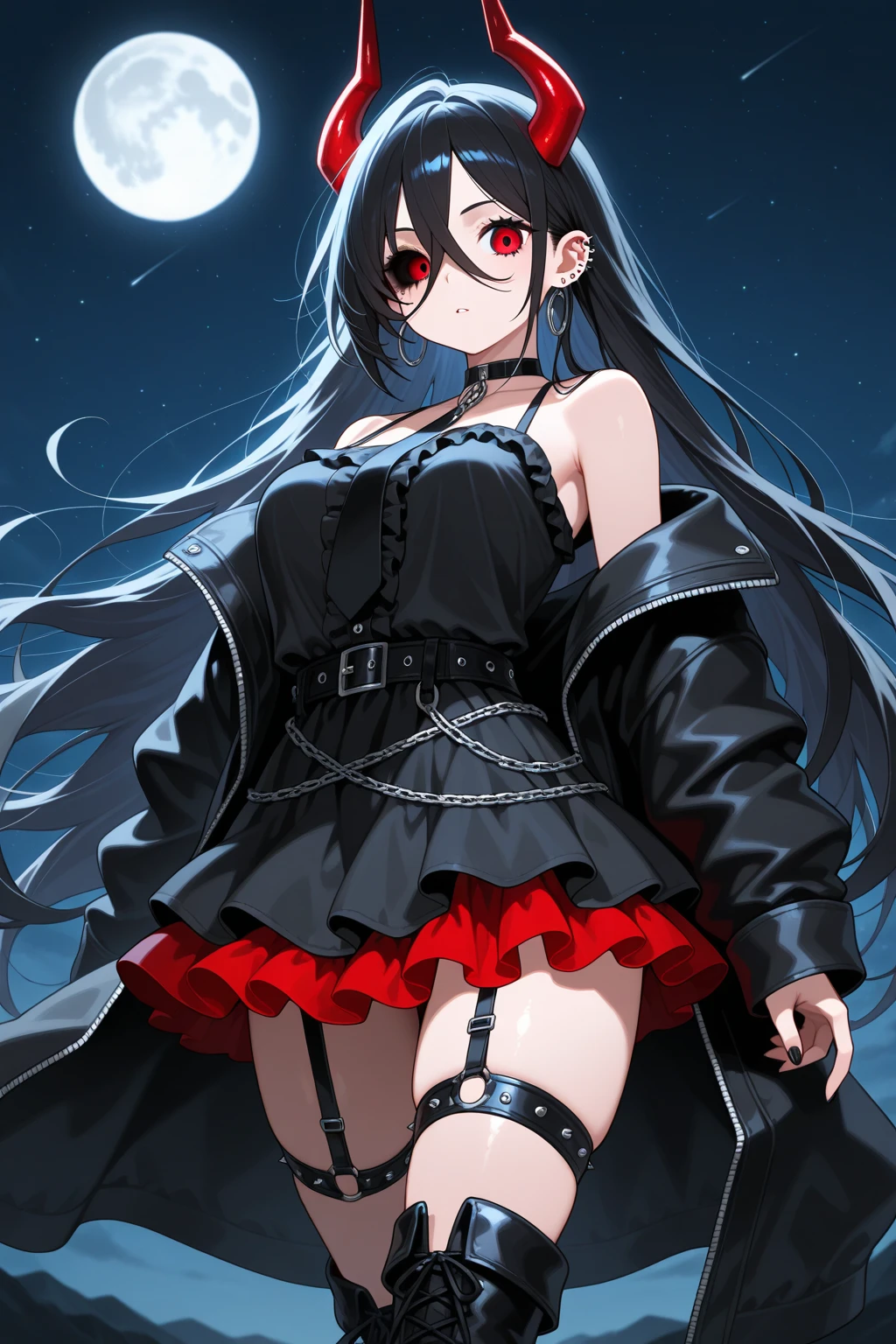 赤い髪とDevil&#39;s Tailを持つ女性の漫画の絵、((masterpiece,highest quality)), Absurd, One girl, alone, Redhead, Spiked Hair, Pointed Ears, short hair, Twin tails, Black Shirt, Black Dress, choker, Devil&#39;s Wings, Devil&#39;s Tail, pants, smile, blush, View Viewer, Cowboy Shot,