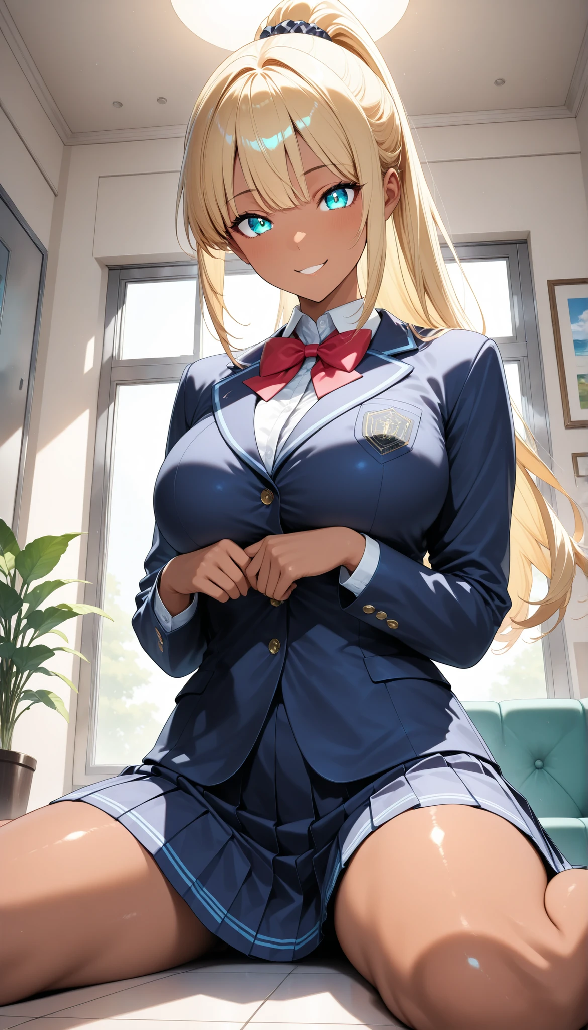 (((Spread your legs、Lace panties))、(((Accentuate your breasts、White panties)))、Highest quality, 8k, masterpiece :1.3)), whole body, Sharp focus :One Girl,Glowing Skin,Sexy pose,Highest quality,Tabletop,shape,Very delicate and beautiful,Hmph,8k壁紙,wonderful,In detail,Official Art,Very detailedなティッカーUnity 8k壁紙,Unbelievably ridiculous,Large file size,Very detailedな,High resolution,Very detailed,Beautiful detailed,Realistic,X-ray,The queue is full,(((Uniform Blazer、mini skirt)))、(((Big Breasts、blonde)))、(((School、classroom)))、Cleavage , ((Long golden hair、Dark Skin))、mini skirt、Knee-high socks、Sexy pose、Hairstyle: ponytail、both hands、Black gal(Dark Skin:1.2)、Dark Skin