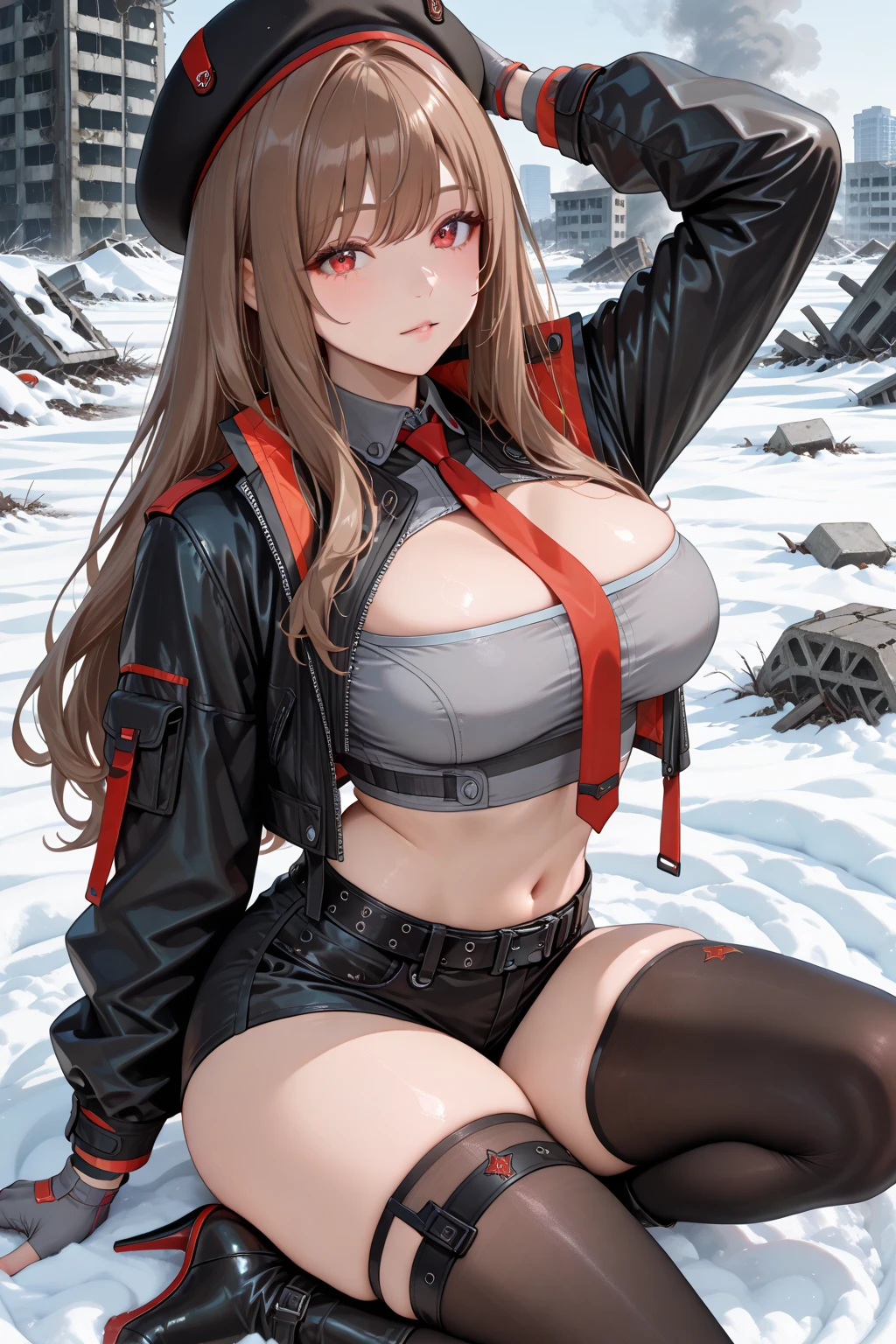 score_9, score_8_up, score_7_up, score_6_up, uncensored, Yor Briar, black hair, earrings, white hairband, hairband, long hair, sidelocks, red eyes, BREAK (masterpiece:1.2), best quality, high resolution, (beautiful detailed eyes:1.3), perfect lighting, (perfect hands, perfect anatomy), large breasts, shiny skin,1girl, breasts, swimsuit, bikini, solo, snow, goggles_on_head, goggles, black_bikini, navel, outdoors, sitting, gloves, looking_at_viewer, side-tie_bikini_bottom, wariza, scarf, jacket, cleavage, open_clothes, black_gloves, white_scarf, day, open_jacket, sky, mountain, string_bikini, excessive pubic hair peek, v-sign,
