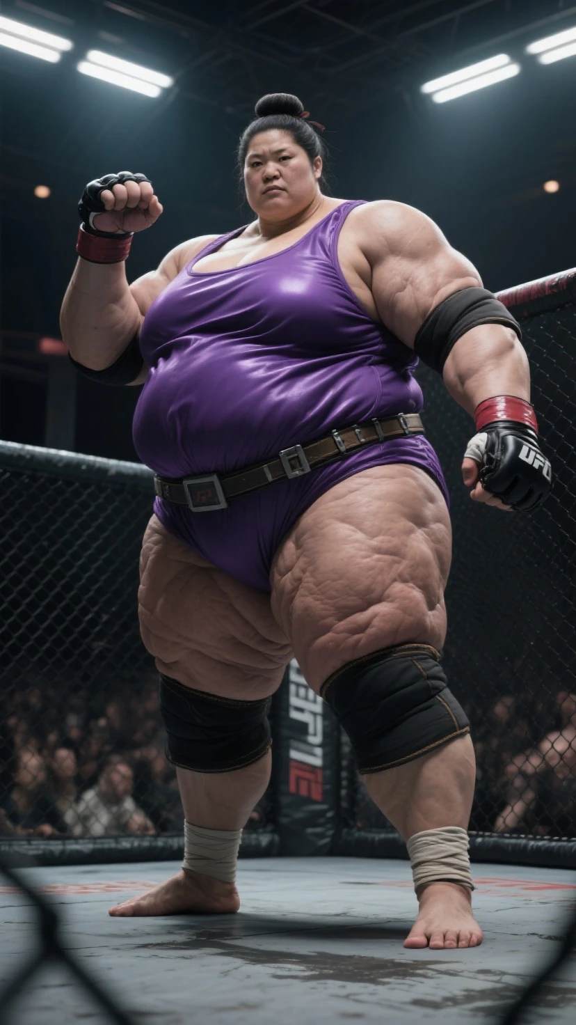 ((Dark skin)), dark skinned female, ((giantess)), ((strongfat)), ssbbw, obese, ((strong arms)), white hair, blue eyes, ((tall)), (gentle smile), (wrestling gear), gigantic, insanely large belly, sweaty, subtle blush, (bare arms), ((gigantic biceps)), leotard, fingerless gloves, wrestling ring background, clear face, large eyes, ((heavy shading on lower half of the body))