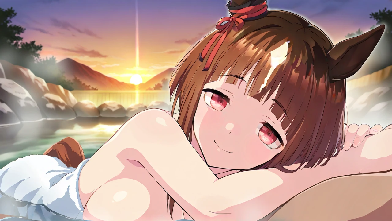 light brown hair, ahoge, high ponytail, orange ribbon, hair ribbon, hair between eyes, hairclip, food-themed hair ornament, short hair, brown eyes,  empty eyes , large breasts, nipple, take a short walk, Heavy snowfall area, frozen, wet, crying, mountain, Alone,  Naked, solo, 1girl, amusement park ,, Peeing, lactation, projectile lactation