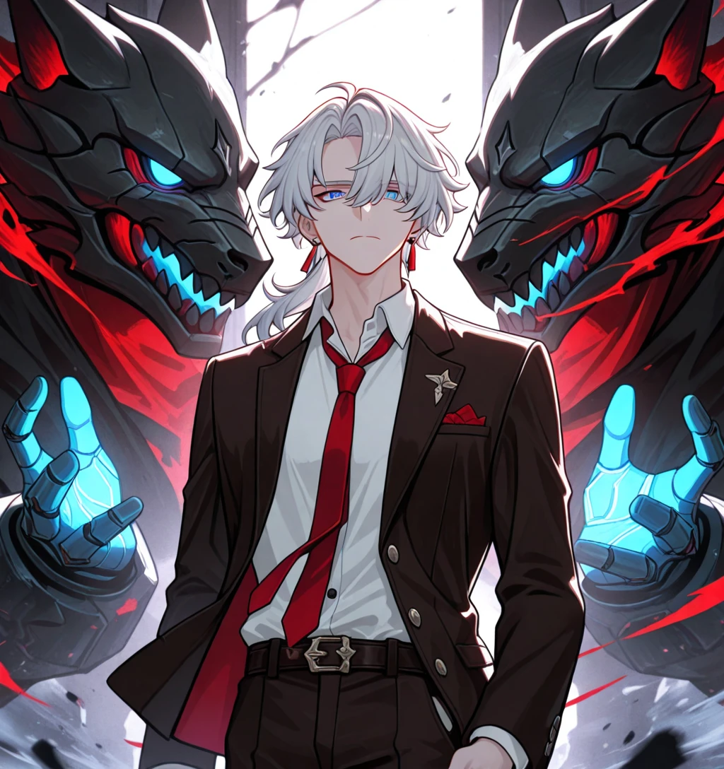 Male character with gray hair and red eyes and black clothes