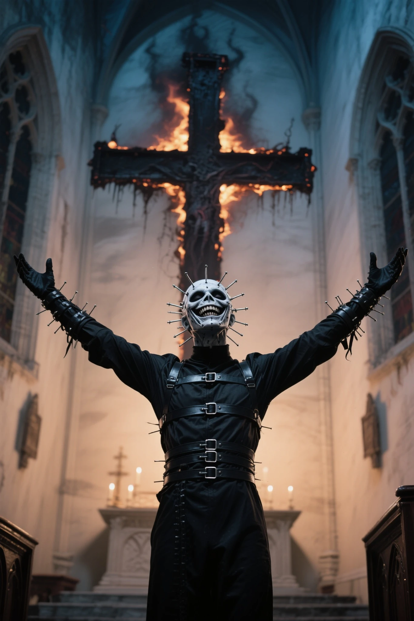 Aesthetic body boy with teeth mask and empty eyes praying , cyberpunk