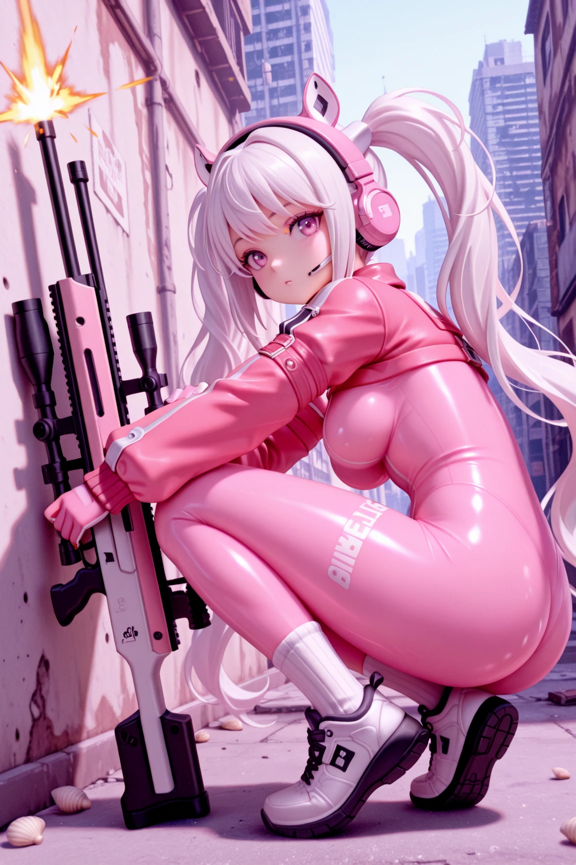 alice \(nikke\), ultra realistic 8k CG, pink bodysuit, animal ear headphones, shiny clothes, twintails, latex bodysuit,