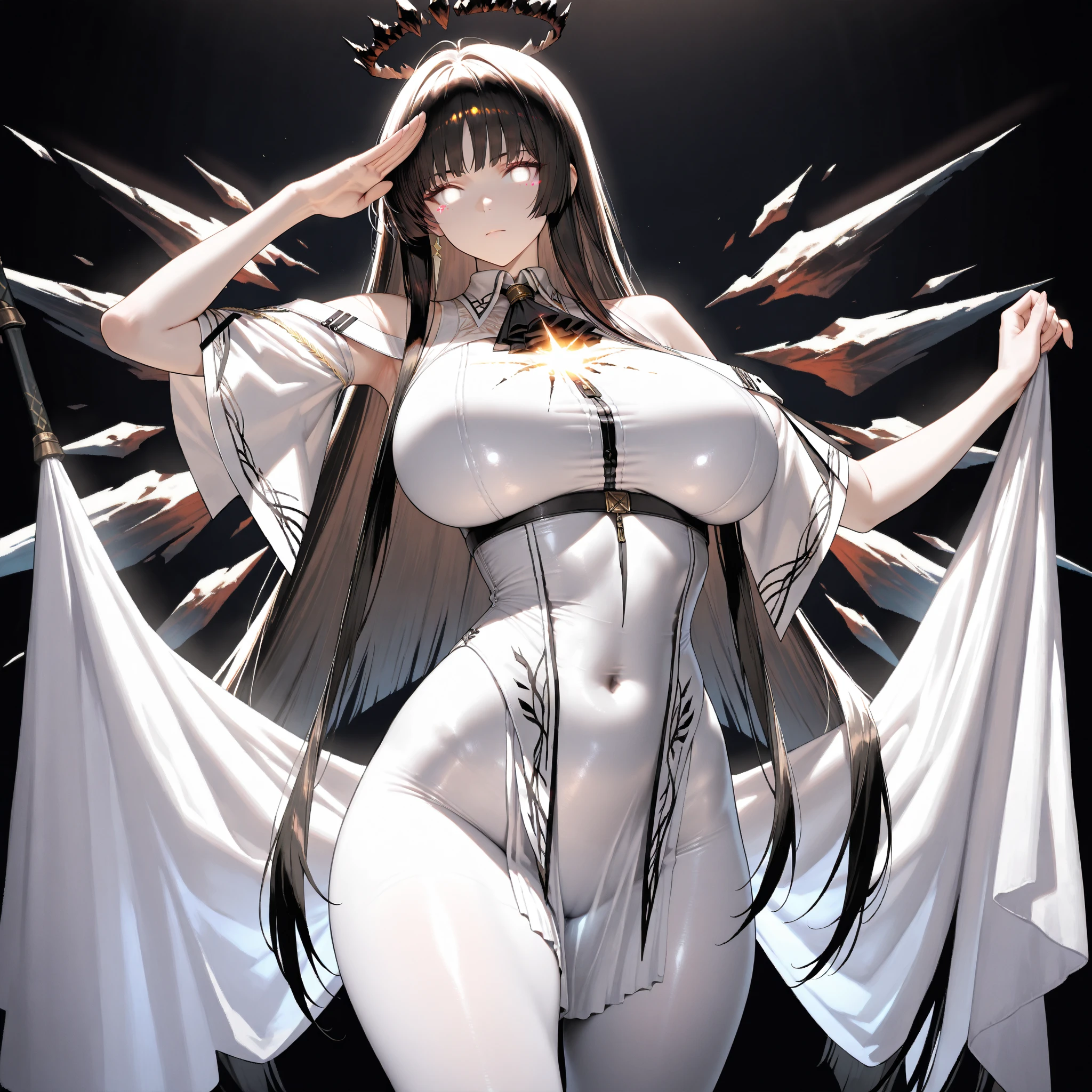 A mature woman with black hair, long hair, eyes covered with cloth, wearing YoRHa No.2 Type B white body attire, holding a bright red katana, big breast,UHD, prime work, accurate, anatomically correct, textured skin, super details, high quality, best quality, 8k, high resolution, bokeh effect. (woman alone)