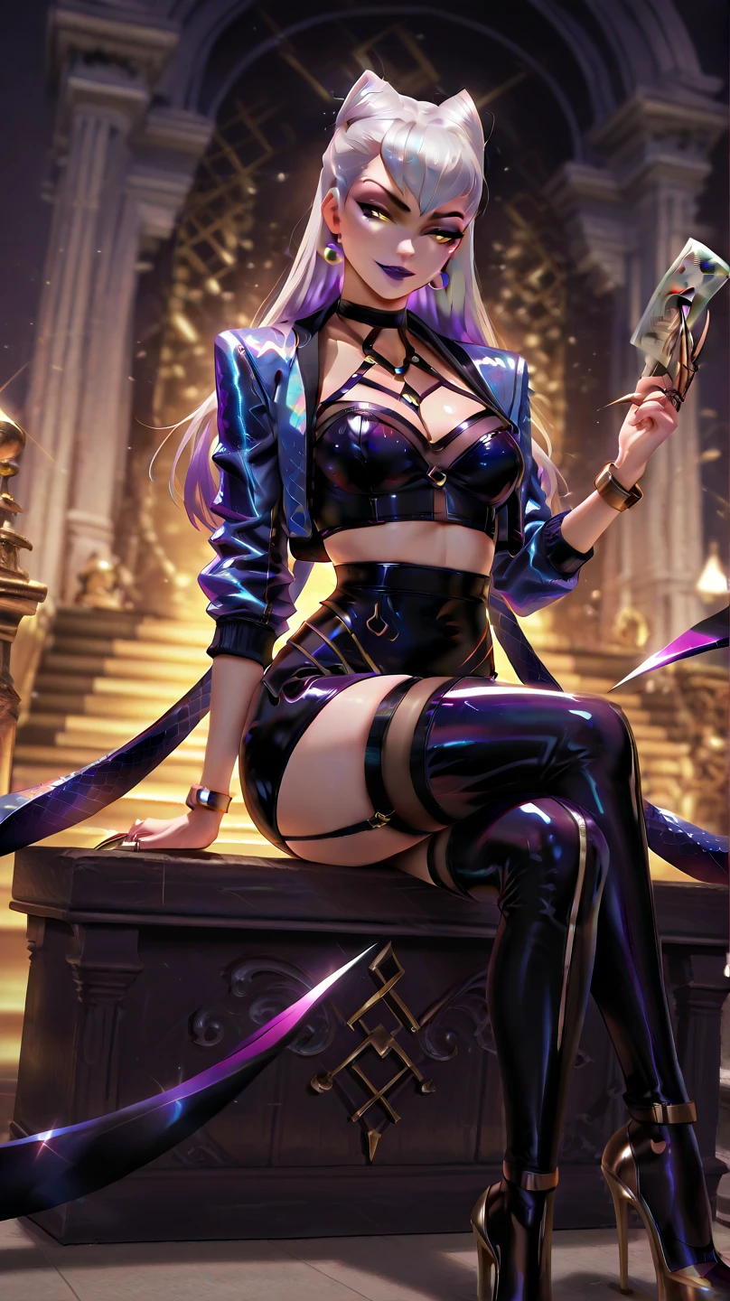 purpleish color,Hollow-out on,big breasts exposed cleavage,Bare chest,Exposed flesh,Legs,high-heels,Mesh socks,legs separated,open waist,Harnes,strappy,
