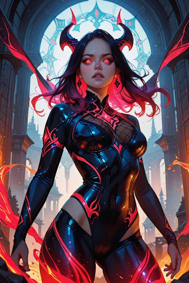 dark neon growing ripples and bubbles background, fictional character mermaid is trident and Indigo metallic breastplate outfit, dark fantasy aesthetic, 8K, best quality, high quality, exquisite is beautiful, epic high quality, darkest light, whale outside the window,