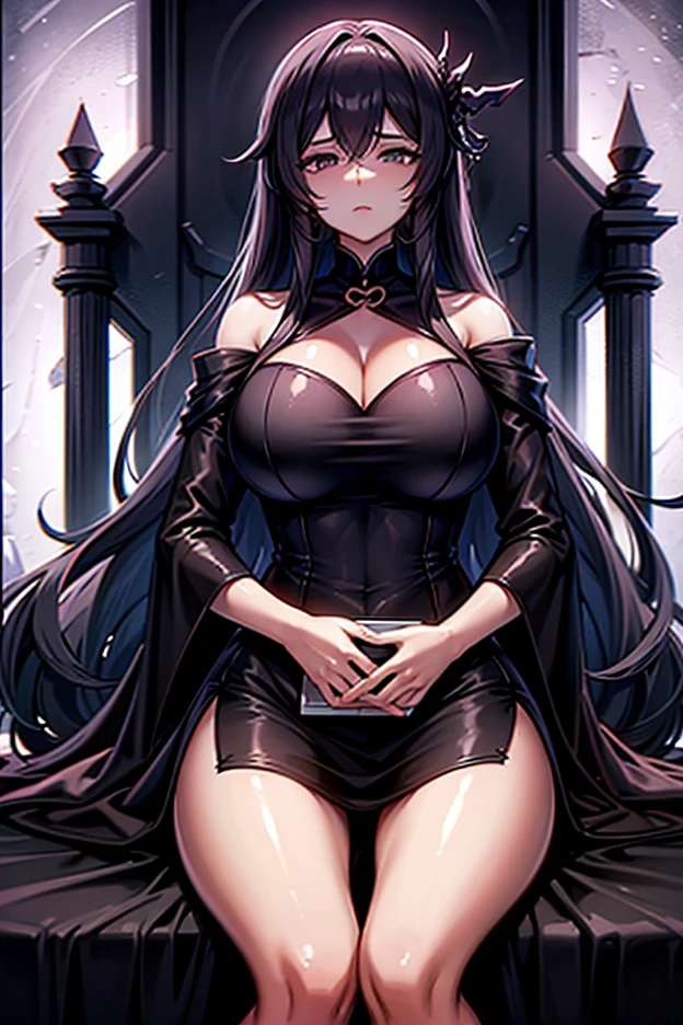 exposing her skin and taking off her clothes, taking off her bra and bantay, naked in the light and sighing, A cunning Vampiress countess, her skin as pale as moonlight, brandishing a jeweled dagger in a regal court, 8k, baroque anime style, high resolution, gentle hands, hypnotizing red eyes, detailed eyes and hands, countess gown, black and silver dress, dagger held aloft, seductive smirk, alluring expression, 2D illustration, long raven black hair, hair like the night, detailed hair, ruby red eyes, eyes like fine wine, detailed eyes, eyes enticing, the flicker of candlelight, poised on a grand staircase, the splendor of the court in the background.