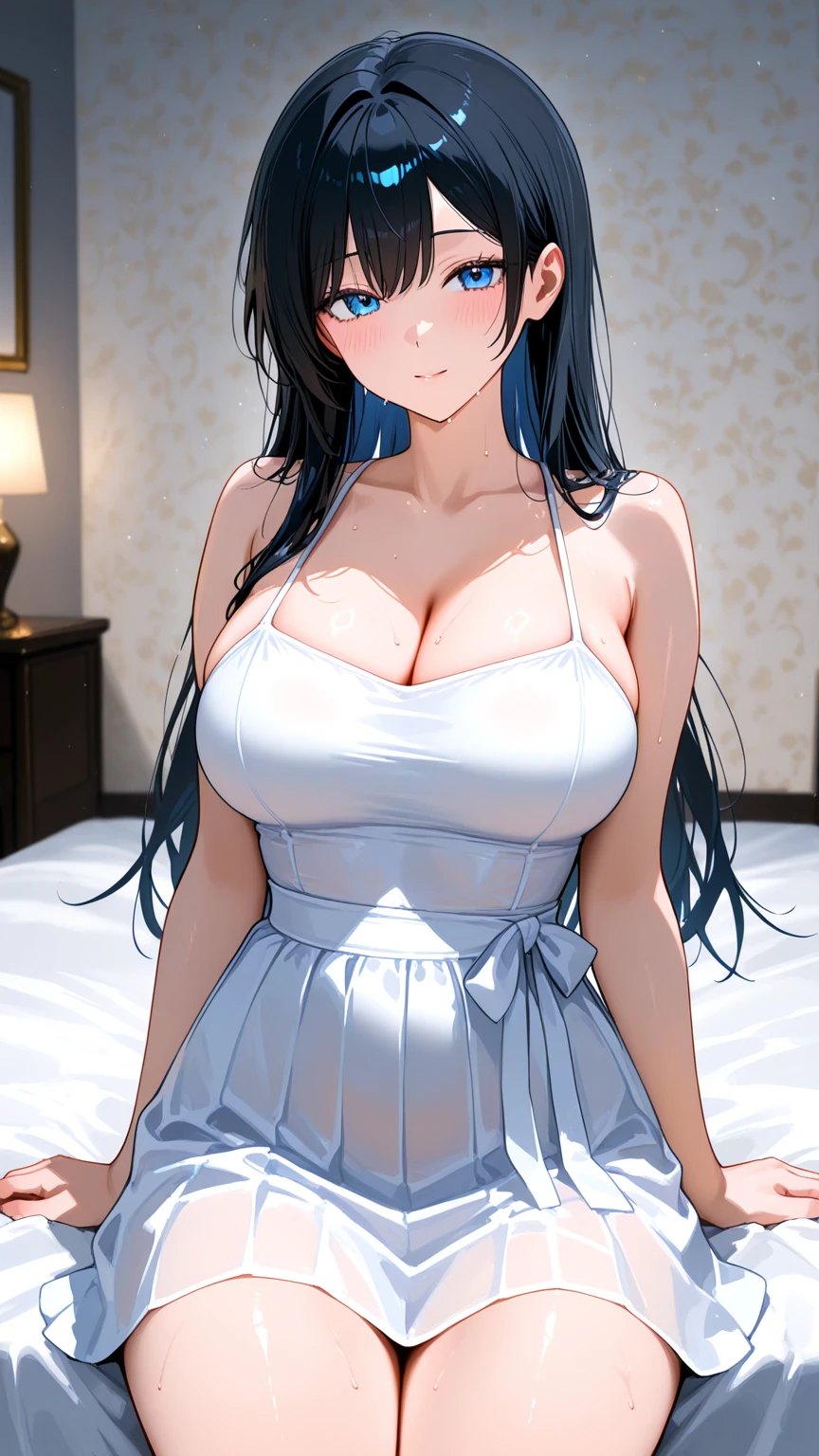 (on the table: 1.3), (maximum resolution: 1.2), (ultra high definition tv: 1.2), movie lighting, ultra high definition tv, (delicate eyes and skin), (detailed facial features), North African Free Trade Area, 8K resolution, sharp focus: 1.2, perfect style, cute face, perfect body, Accurate, anatomically correct, Highly detailed face and skin texture, delicate eyes, dark blue eyes, double eyelid, thin eyebrows, glitter eyeliner: 1.2, natural cheeks, shiny skin, white skin: 1.2, (glossy lips: 1.4), rest, one person'perspective, (She is a very cute female teacher...), (blue lace、stockings), (smile: 1.2), ((innocent and cute girl:1.3)), (long wavy hair), (light brown hair:1.2), rest, ((very close relationship: 1.2)), moderately, ((looking at the audience:1.2)), (hotel room:1.2)), ((please bend your knees:1.2)), (From the side:1.2),low angle shot,Off-the-shoulder mini dress,mini skirt,embarrassed look,(((big breasts)))