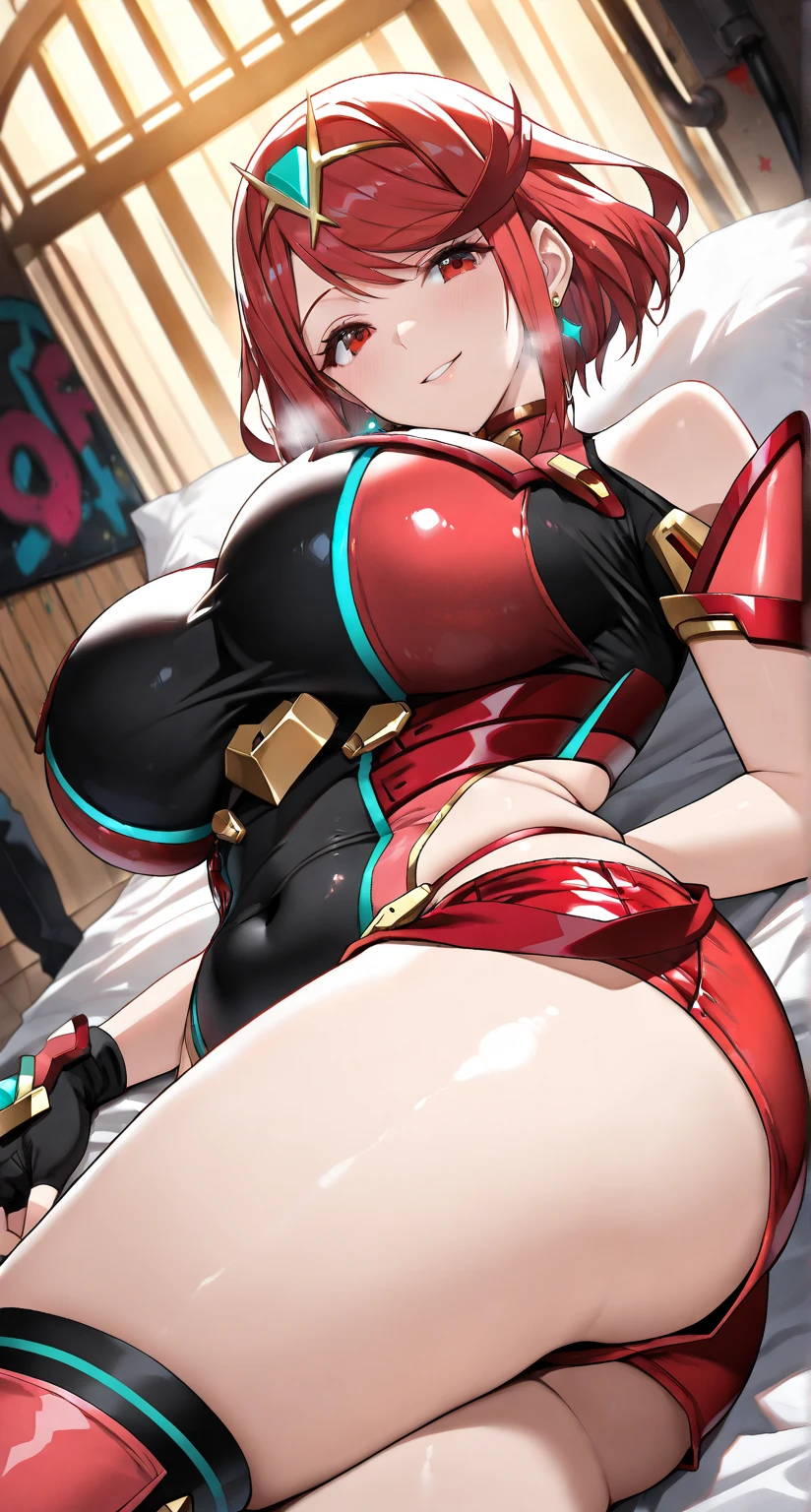 18-year-old girl,Baby Face,Crimson short-haired,ponytail hairstyle,Smile,Huge breasts,cleavage,Sheer red sleeveless top,Leave space in the middle to reveal cleavage,Soaked all over,Blushing,green eyes,Female spy,Red miniskirt,White gloves,White hand sleeves,White boots,Science fiction,Future,Inside the mecha combat robot warehouse,robot driver,Pistol hanging on waist,No bangs,Wearing earrings only on one side,Lipstick