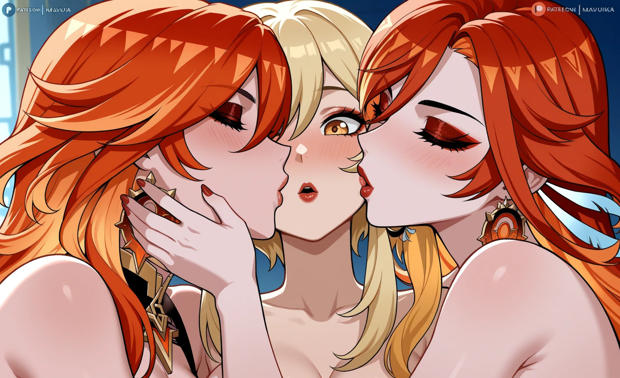 score_9, score_8_up, score_7_up, shaded BREAK 1futanari and 1girl, futanari Ingrid having sex with Reika Kitami, red hair, green eyes, tan, long hair, hair ornament, blonde hair, green eyes, white skin, long hair, v-shaped eyebrows, smug, looking at viewer, topless, bottomless, fully naked, fully nude, girl sitting on futanari's lap, penetration from behind, huge penis penetrating vagina from behind, sex scene, vagina spread by huge penis from behind girl, vagina leaking liquid, blushing, screaming from ecstasy, tongue out, eyes looking up in climax, hand squeezing breast, fingers squeezing breast, fingers teasing nipple, pulling nipple, bodies touching, large breasts, huge breasts, round full breasts, super thin waist, heart shaped hips, kissing, Ingrid's penis penetrating Kitami's vagina, Kitami straddling Ingrid while being penetrated, sexual intercourse, sensual scene, outdoors, sunset, balcony
